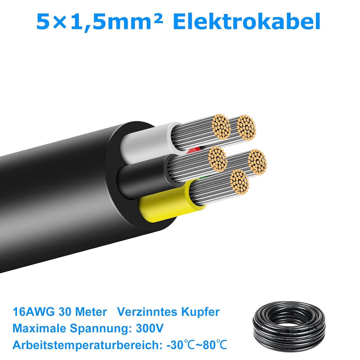 Detalle 2 de 30 Meter Kabel 16AWG 5x1,5mm² Elektrischer Kabel