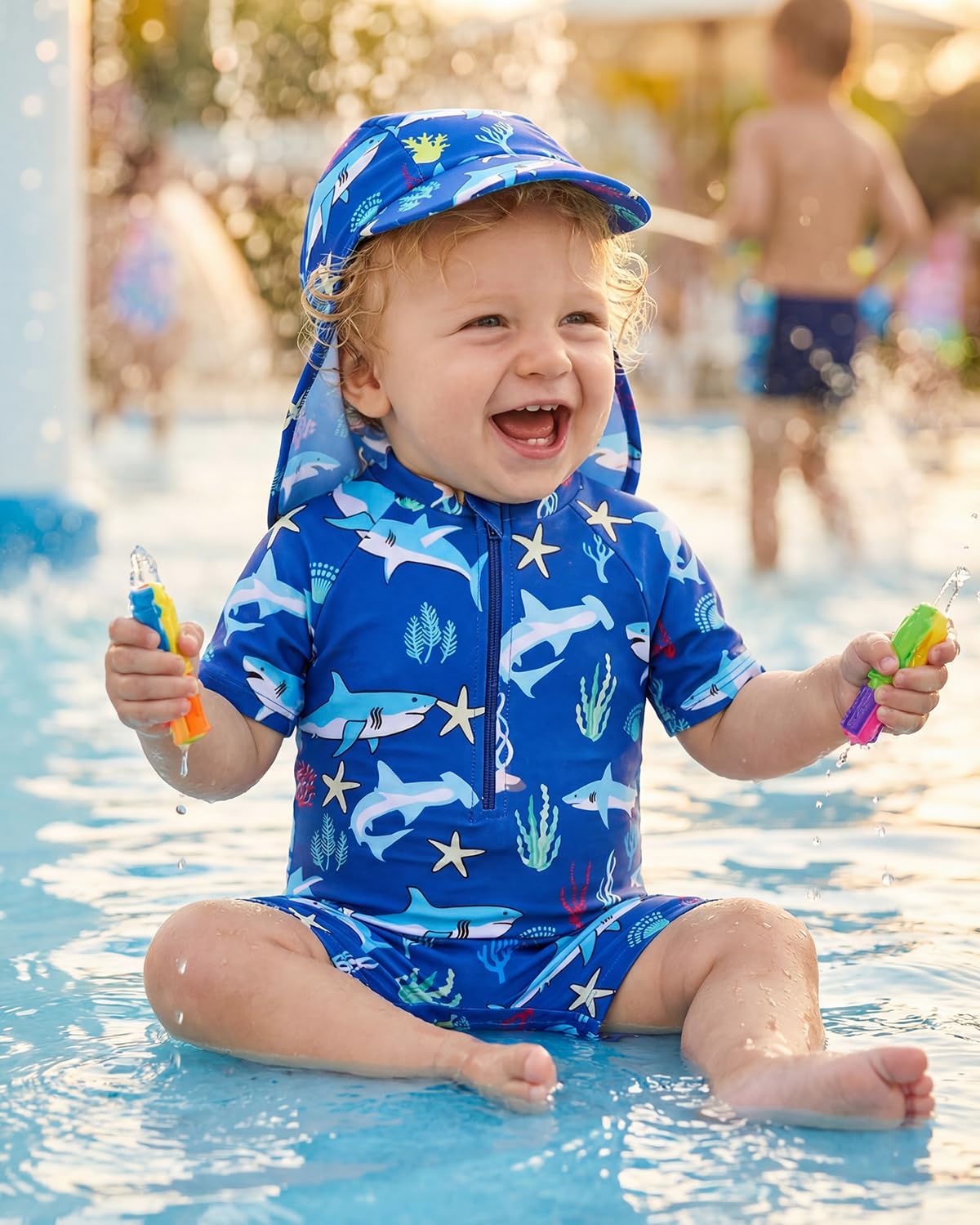 Thumbnail 2 de JiAmy Baby Badeanzug Einteiler kurzarm mit UV-Schutz und Mütze (3 Monate–3 Jahre)