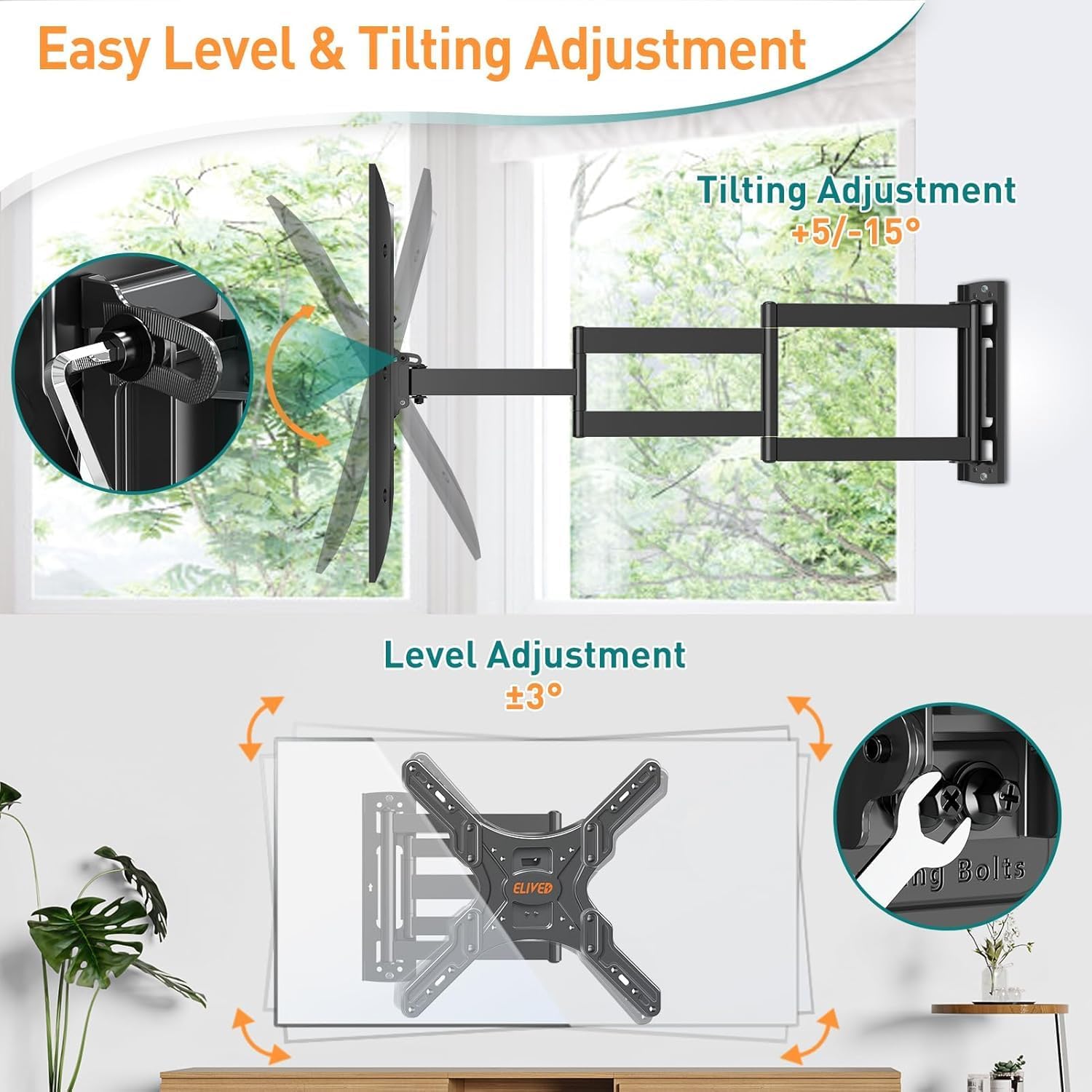 Thumbnail 2 de ELIVED EV3018 supporto TV a parete angolare con braccio lungo estensibile fino a 950 mm, VESA 400x400 mm e inclinazione regolabile