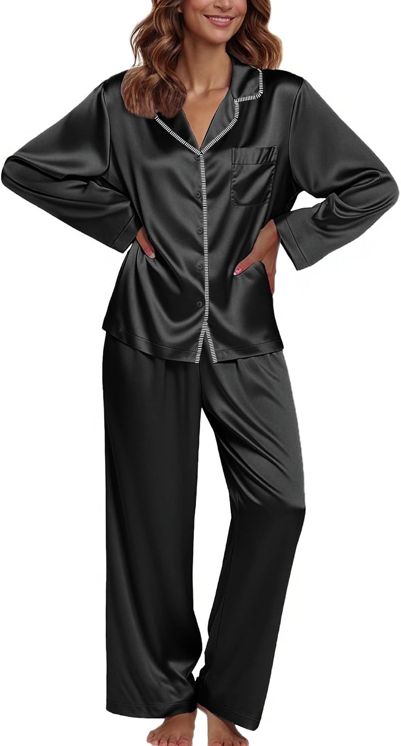 Detalle de Ekouaer Women’s Satin Pyjama Set, Long-Sleeve Button-Down Top and Pants