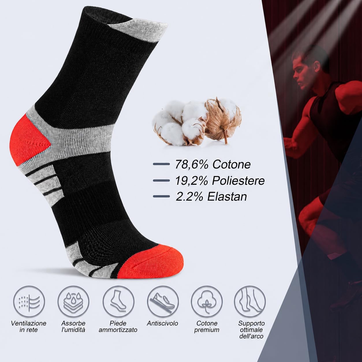 Detalle de Niofind Calzini Uomo – 6 Paia di Calze sportive antiscivolo, traspiranti e ammortizzate per trekking, running e ciclismo