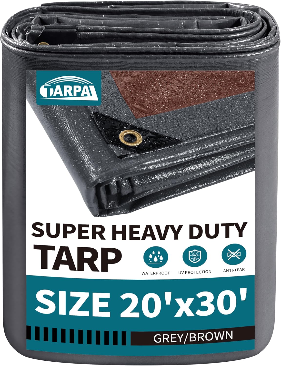 Detalle de TARPAL 20x30 Feet Super Heavy Duty Tarp – Waterproof, UV-Resistant Tarpaulin with Grommets (Grey/Brown)
