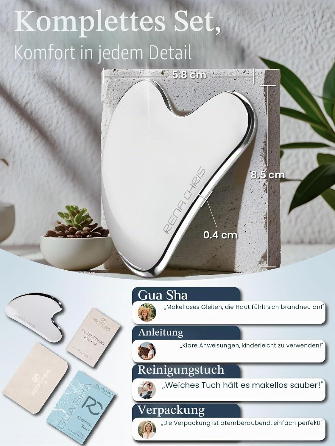 Thumbnail 1 de Rena Chris Edelstahl Gua Sha Stein – Gesichtsmassage