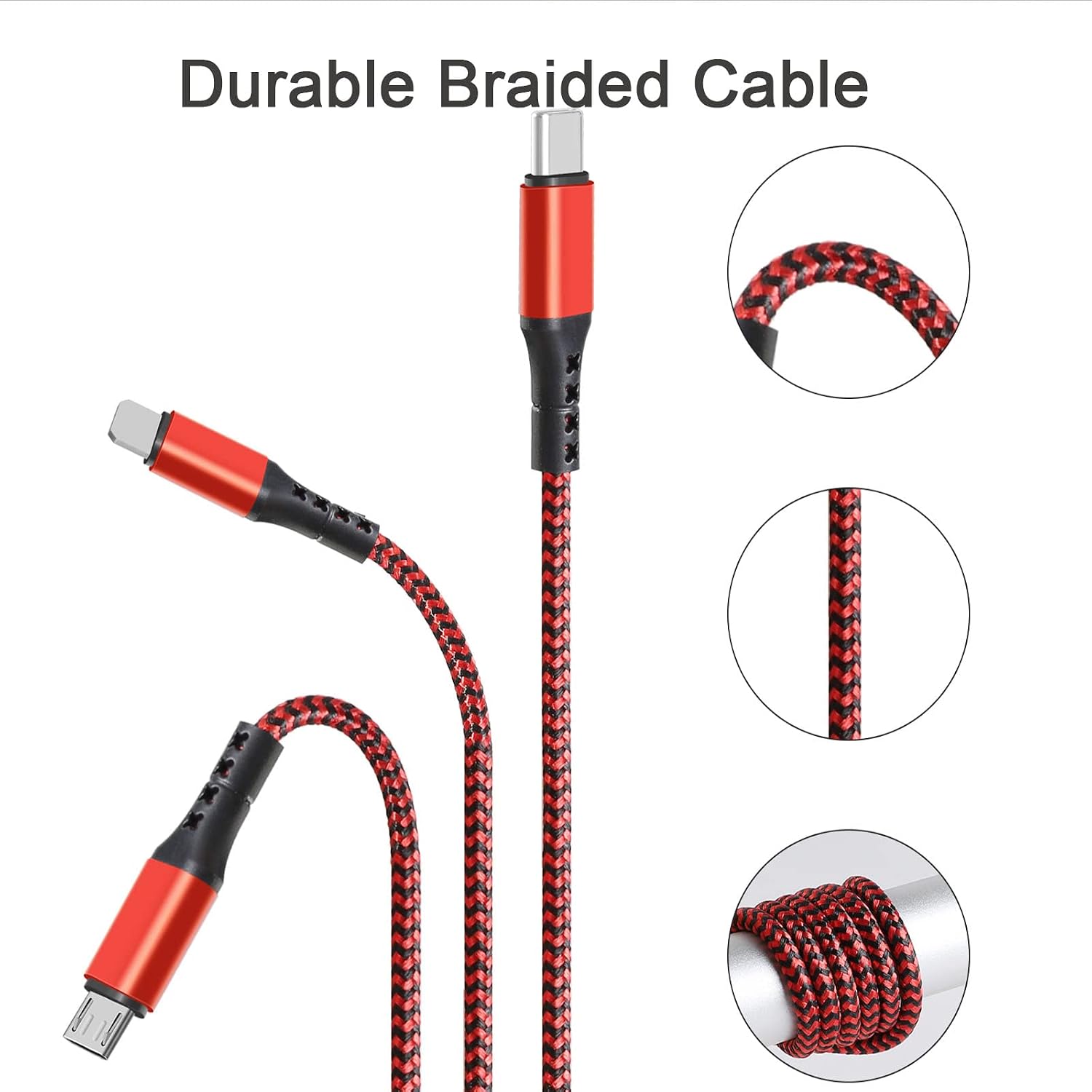 Detalle de Unillous Multi USB Kabel 5 in 1 – 2 Stück je 1,2 m, Nylon geflochtenes Kabelset für USB A/USB C/Micro USB