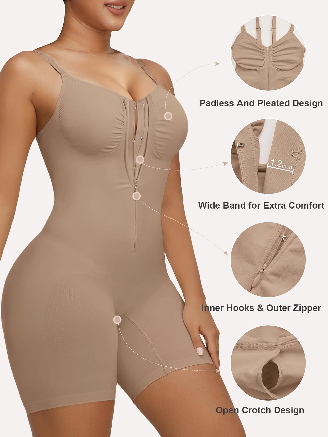 Detalle 2 de SHAPERX Women's Shapewear Bodysuit with Zip, Inner Hooks and Adjustable Straps