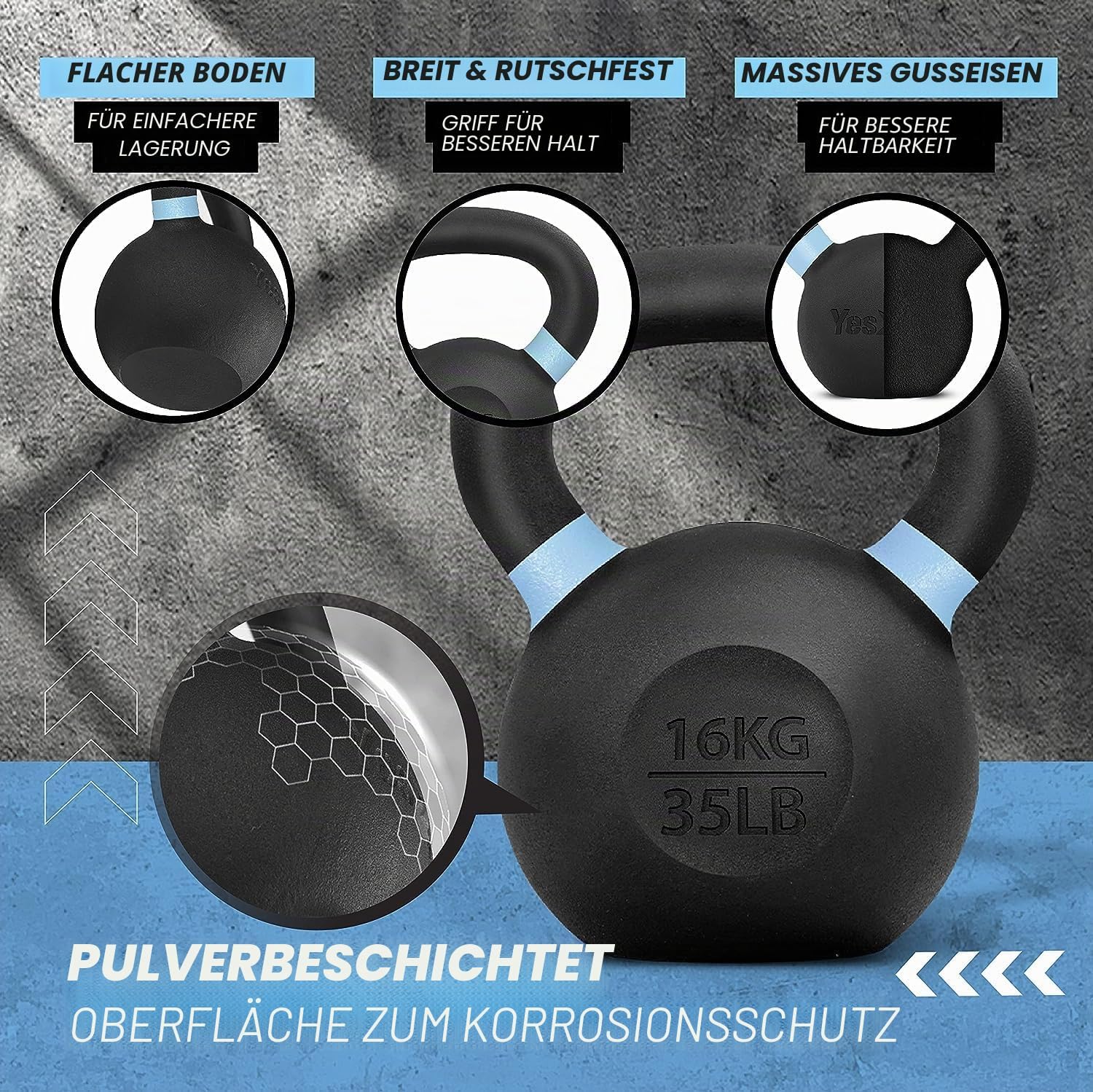 Detalle de Yes4All Kettlebell aus Gusseisen, 4–32 kg, pulverbeschichtet – farbcodeierte Ringe