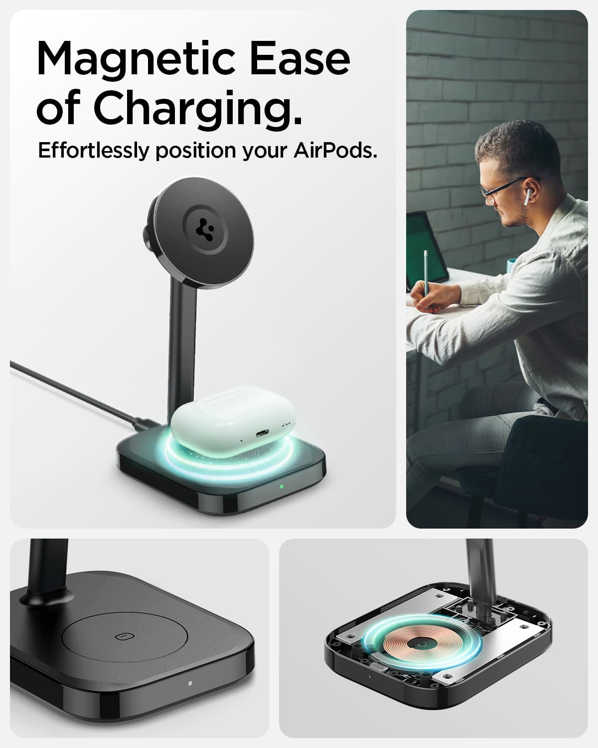 Thumbnail 2 de Spigen MagFit Qi2 15W Chargeur Induction Rapide 2-en-1 avec support réglable jusqu’à 45° (câble USB‑C inclus)