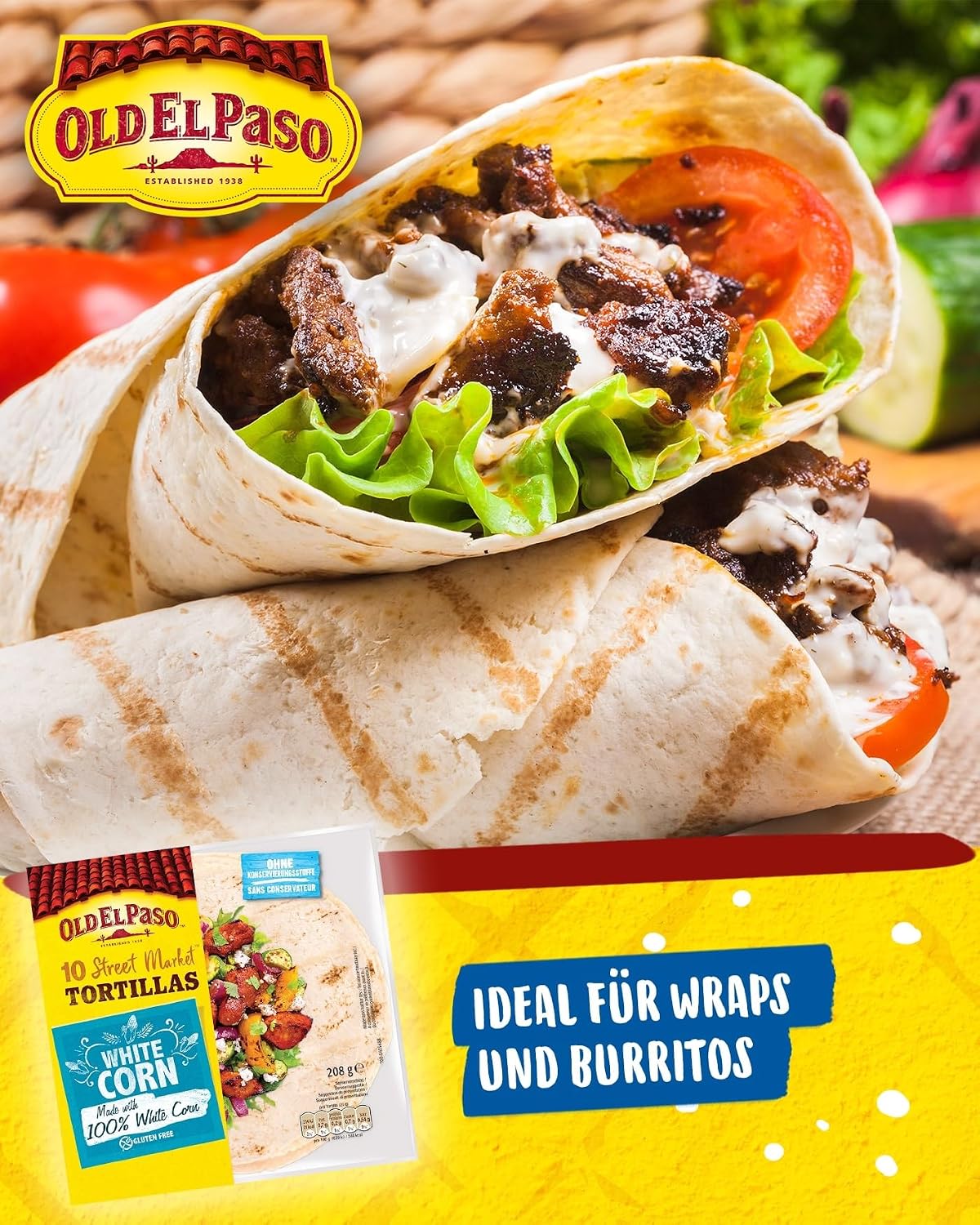 Detalle de Old El Paso Street Market Tortillas (glutenfrei) – mexikanische Wraps aus weißem Mais, 3er-Pack mit 208 g