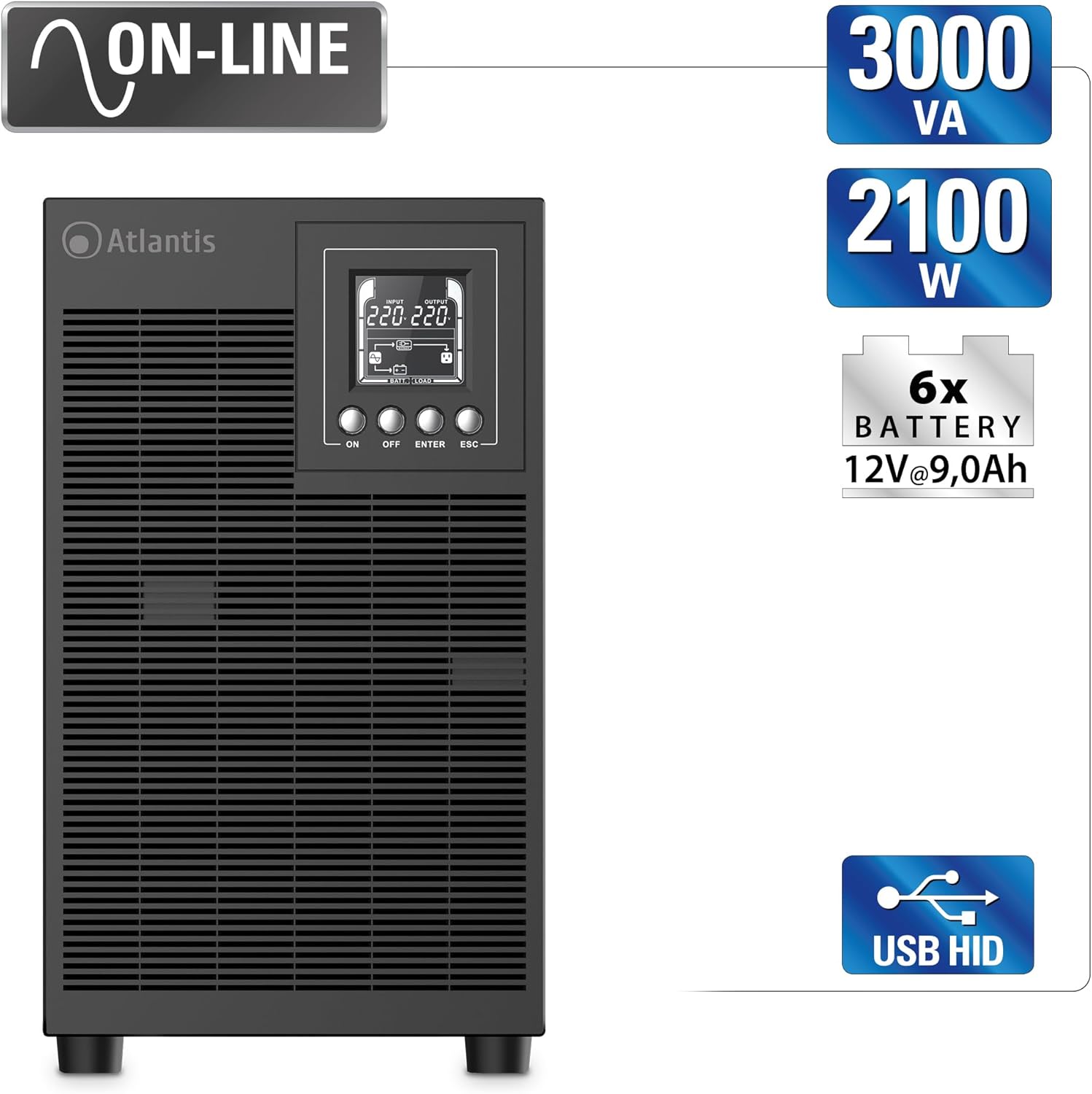 Detalle de UPS Atlantis A03-OP3002XLN 3000 VA