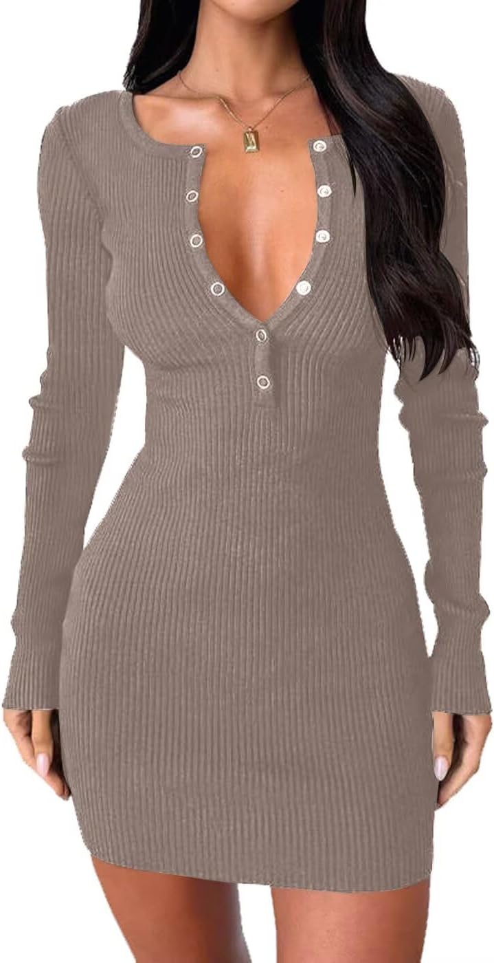 Thumbnail 3 de BONITEE women’s long sleeve sweater dress with deep V-neck and button front