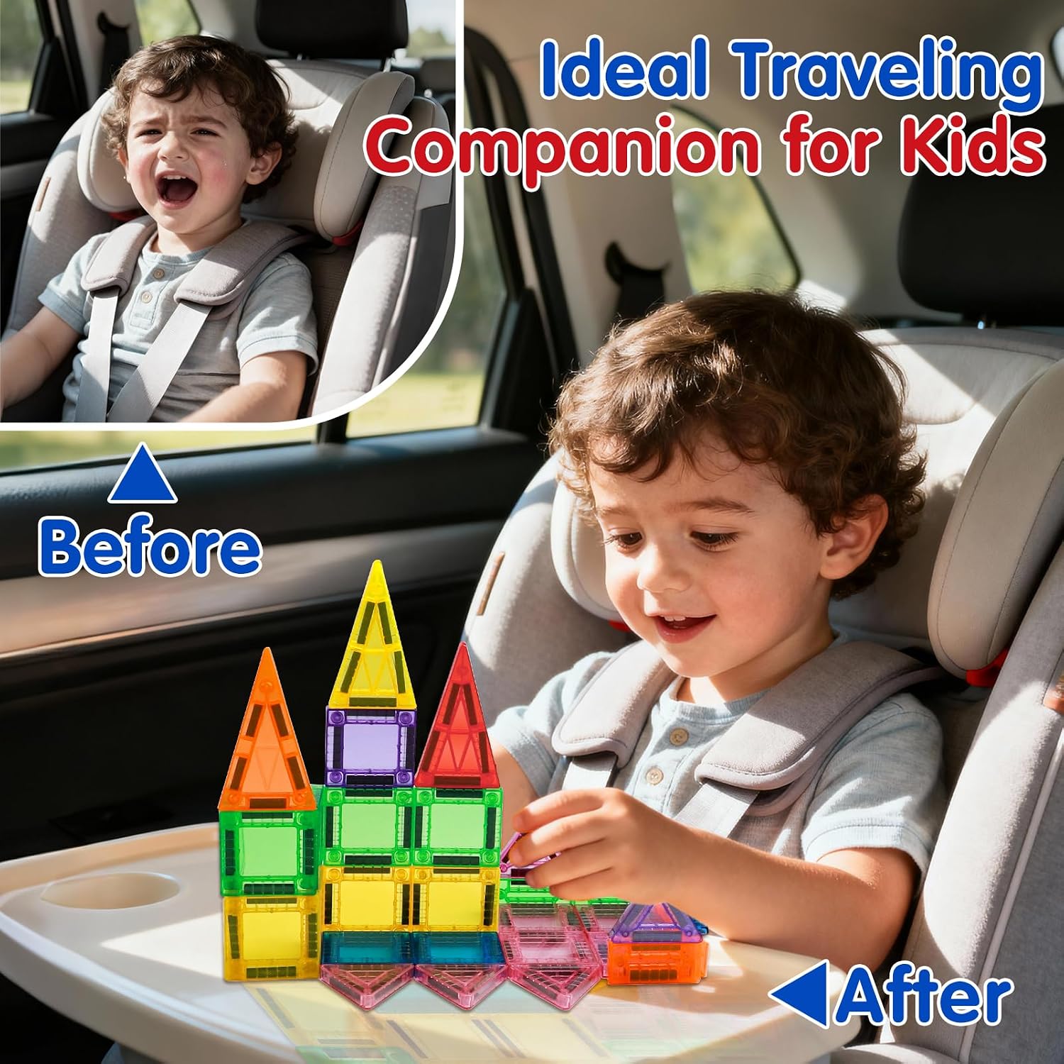 Detalle de Mini Magnetic Tiles Travel Set 42PCS: Compact, Educational Magnetic Building Blocks for 3+ Kids