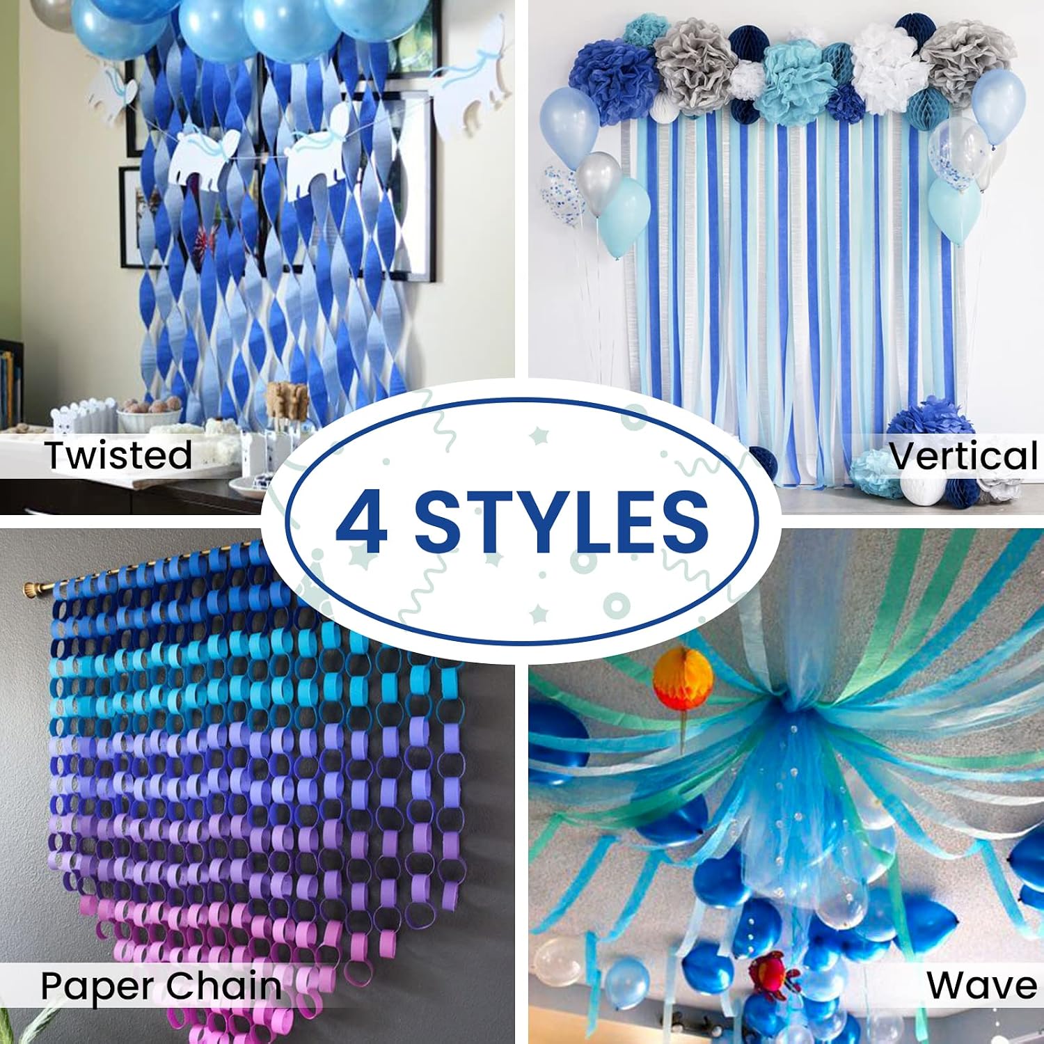 Detalle de PartyWoo Crepe Paper Streamers, 6 Rolls, 492 Feet in Blue, White & Silver