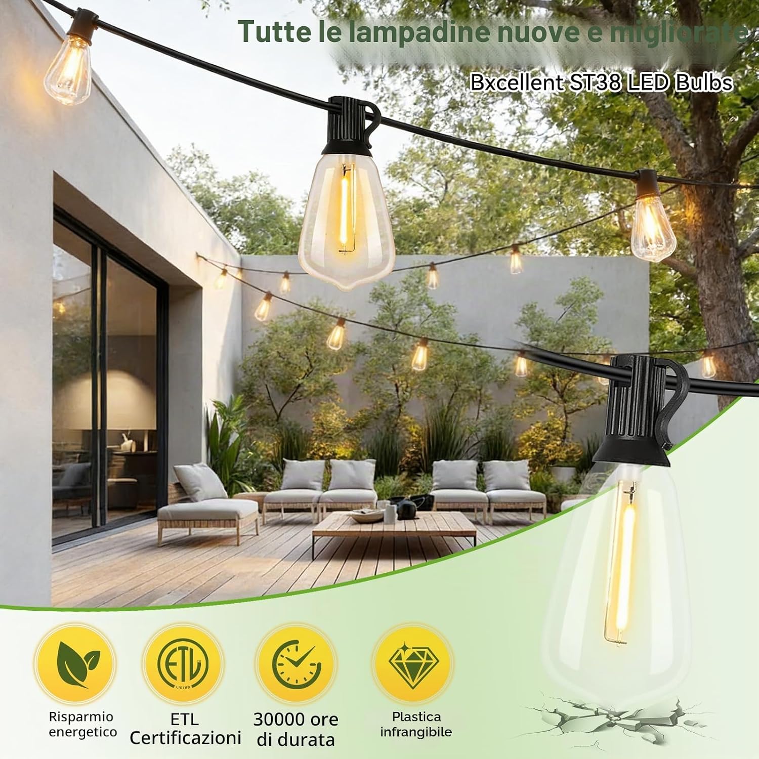 Detalle de Wweixun2020: Catena esterna ST38 15 m/50 ft con 20 LED + 1 ricambio, luce calda 2200K
