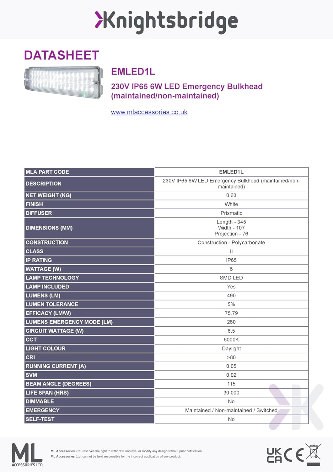 Detalle de 230V IP65 6W LED Emergency Bulkhead (Maintained / Non-maintained)