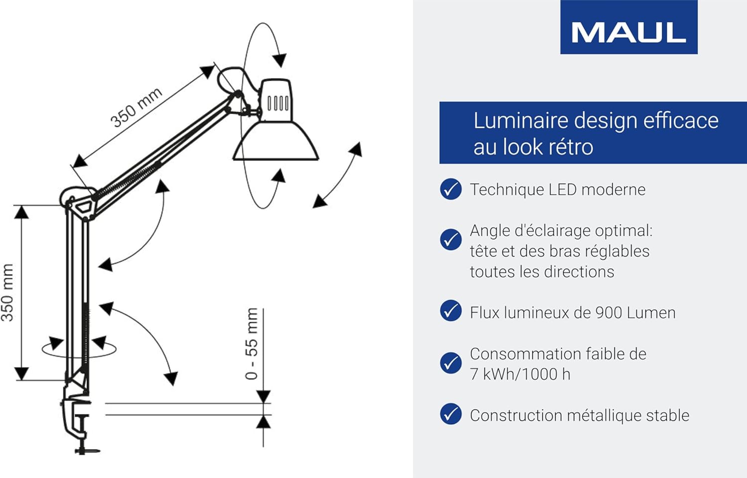 Thumbnail 2 de MAUL | Lampe de table MAULstudy avec pince-étau blanche — lumière LED, bras flexible