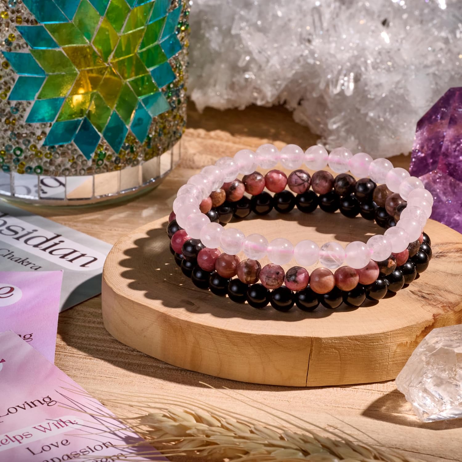 Thumbnail 2 de Bivei 3-teiliges Perlenarmband Damen – Handgefertigtes Heilstein-Set aus Rhodonit, Rosenquarz und Schwarzer Obsidian