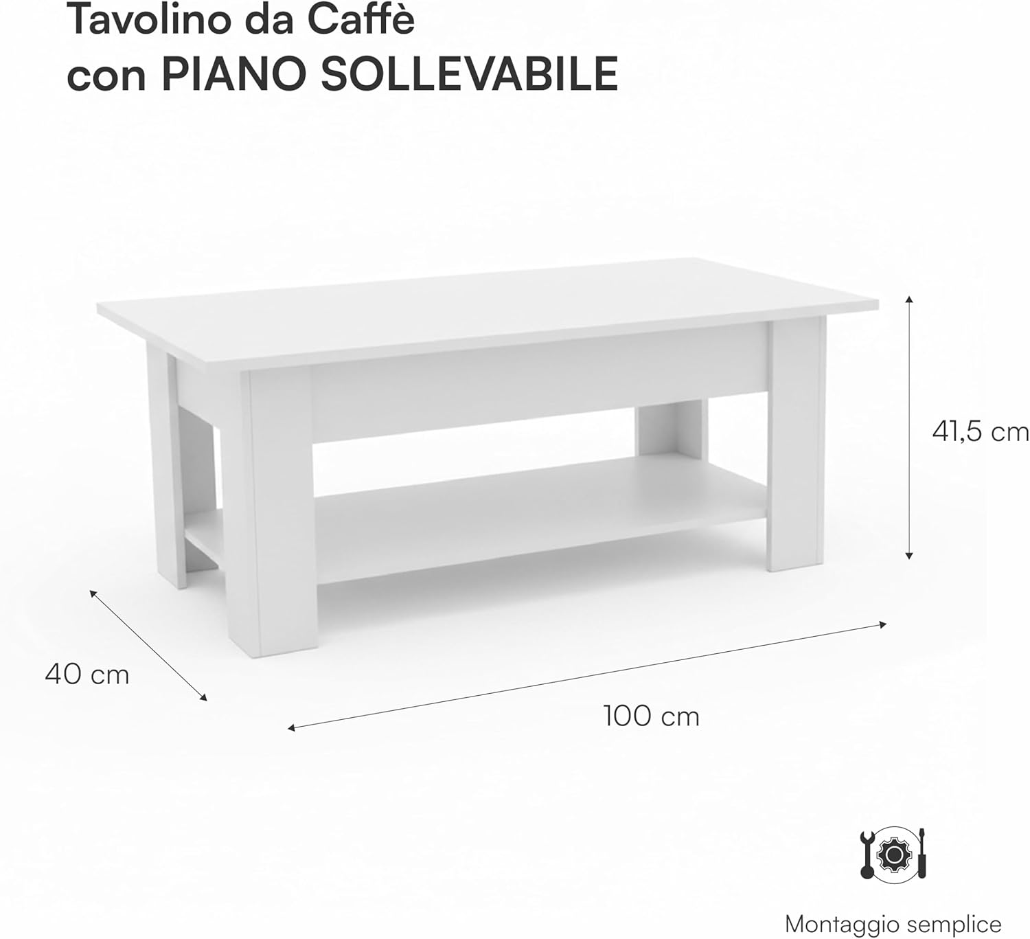 Detalle de Baroni Home Tavolino da Caffè con Piano Sollevabile e Contenitore Interno – bianco, 100x40x41,5 cm