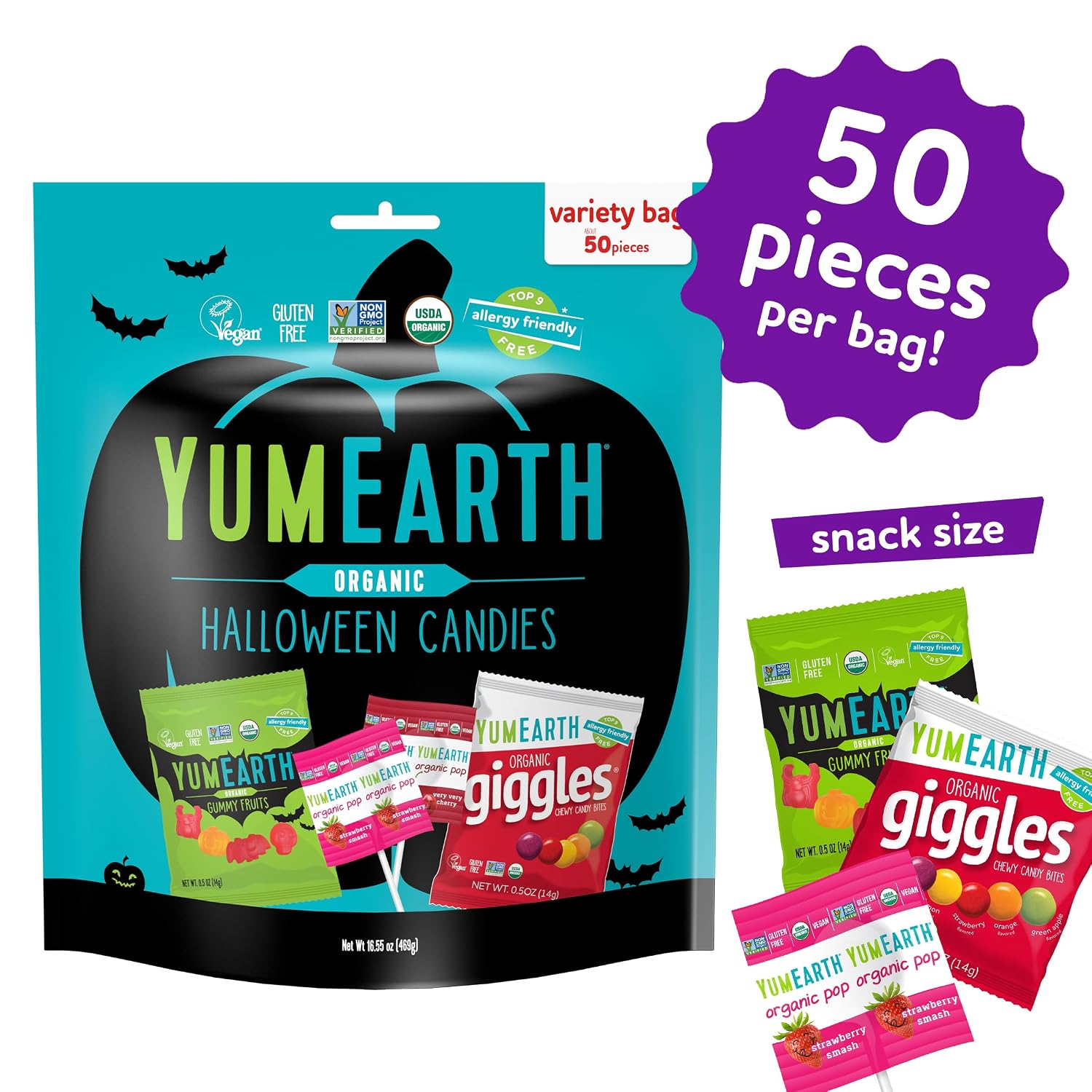Detalle de YumEarth 810165019867_1pk Halloween OG Candy Variety Bag, 50 Wrapped Treats