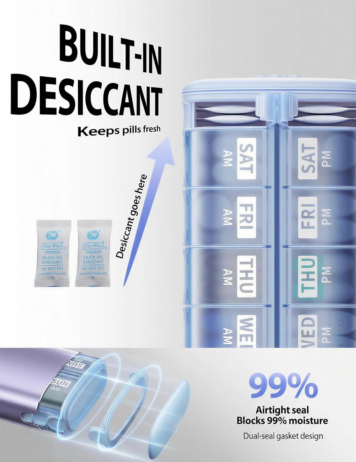 Detalle de Vaydeer 7-Day Metal Pill Organizer, AM/PM Compartments, Built-In Desiccant