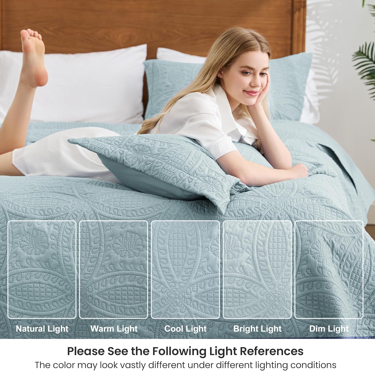 Thumbnail 3 de Love's cabin Spa-Blue Full/Queen Quilt Set, Lightweight Microfiber, Coin Pattern