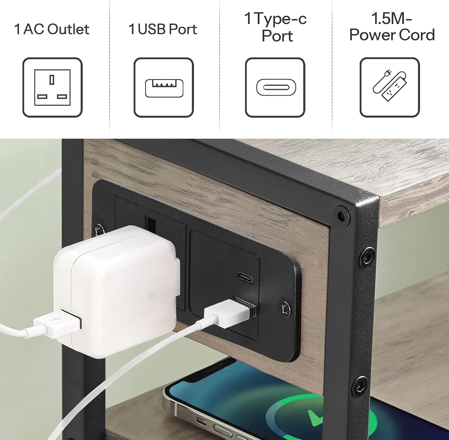 Thumbnail 5 de HOOBRO Slim Side Table with Charging Station (EBG102KBZ01) – Narrow 3-Tier Bedside Table for Small Spaces