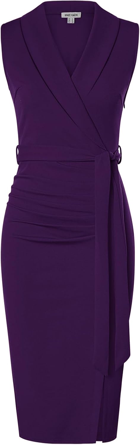 GRACE KARIN Robe Fourreau Femme sans Manches Col Châle Mi-Mollet avec Ceinture Amovible et Fente Élégante