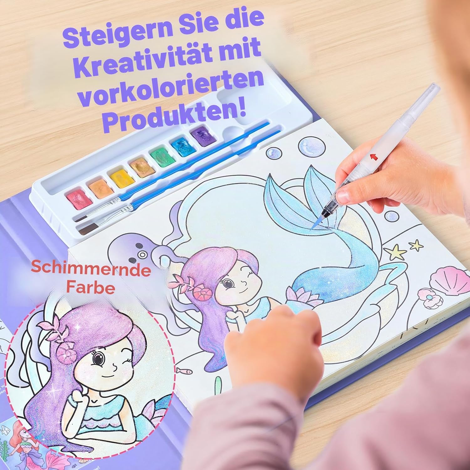 Detalle 2 de JoyCat Malbuch mit Wasserfarben für Kleinkinder ab 3–8 Jahren (Lila) – 3-in-1 Aquarellset mit 20 Unterwasserwelt-Seiten