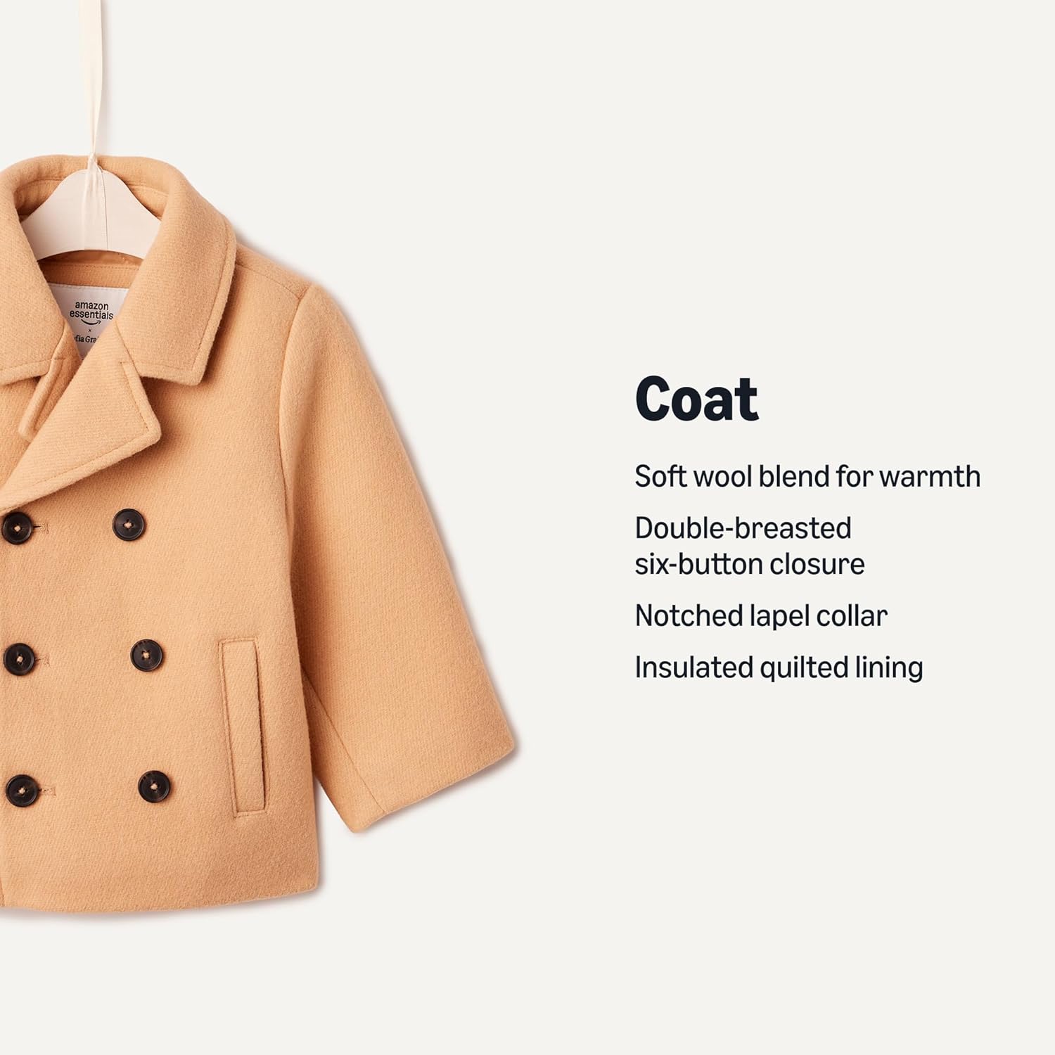 Detalle de Amazon Essentials x Sofia Grainge Toddler and Baby Boys' Wool Blend Double Breasted Coat