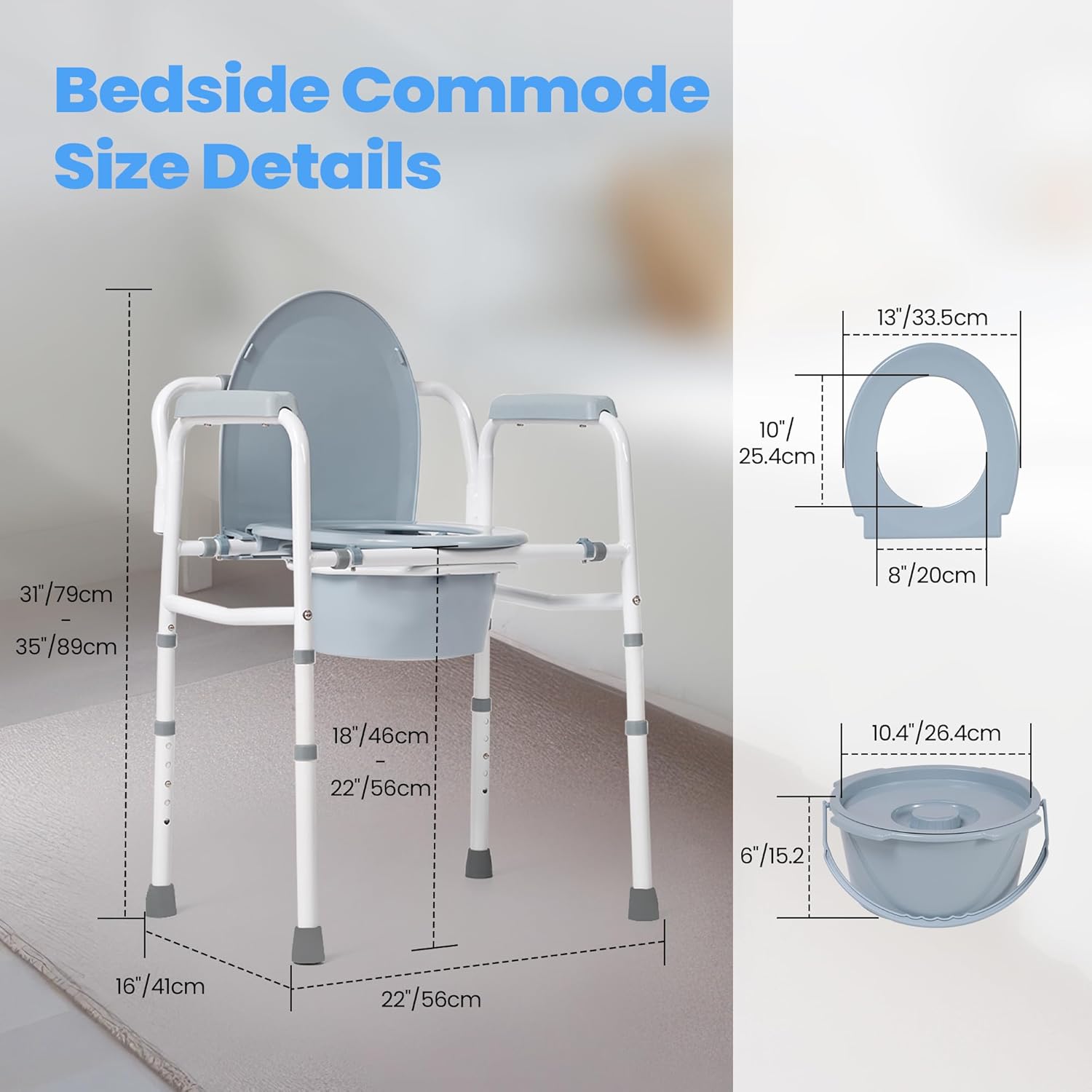 Detalle de Careboda Toilettenstuhl für Senioren mit Armlehnen – stählerner Rahmen, 5 Höhen, bis 136 kg, 7,1-l-Auffangbehälter