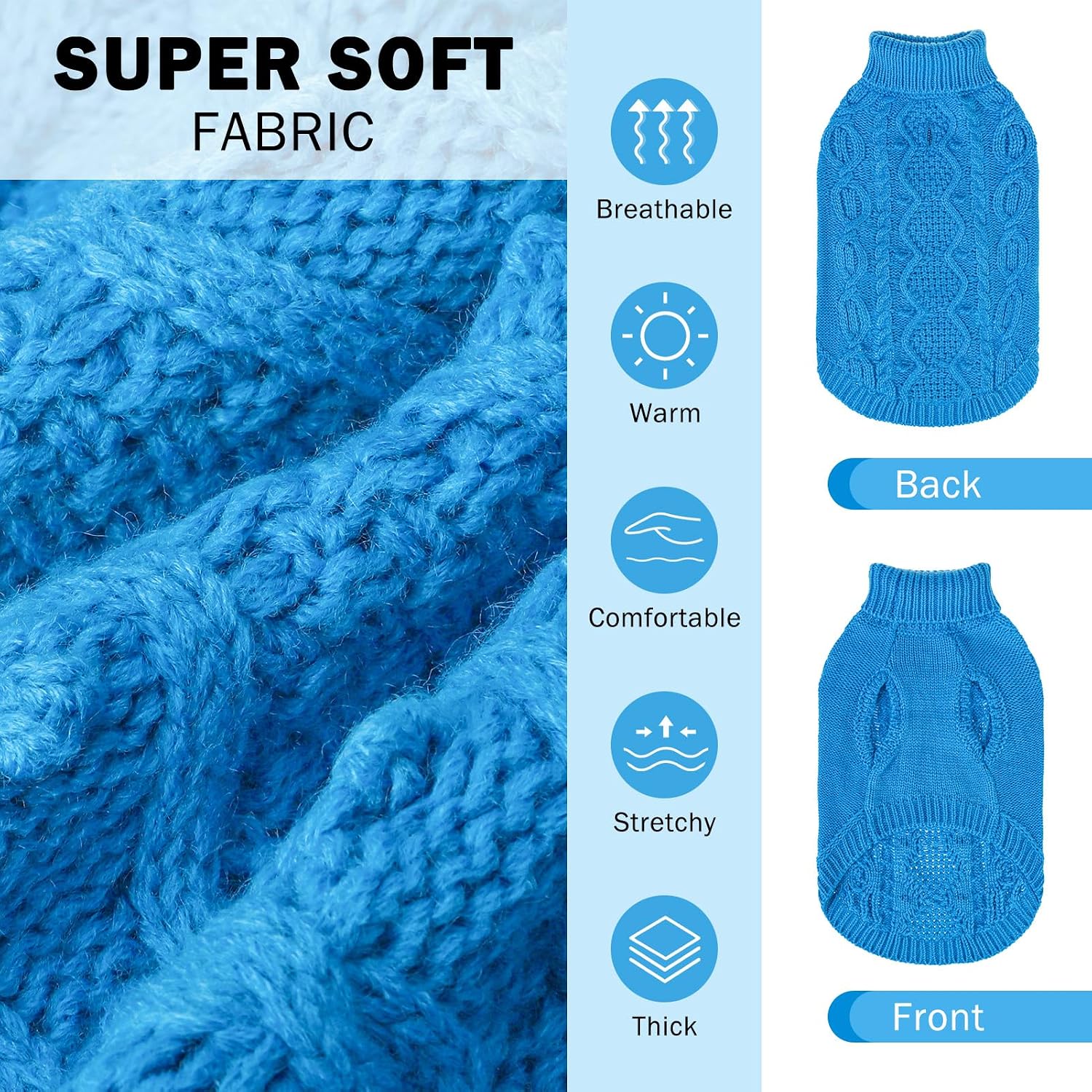 Detalle de SCENEREAL Medium Dog Sweater in Lake Blue, Knitted Turtleneck with Leash Hole