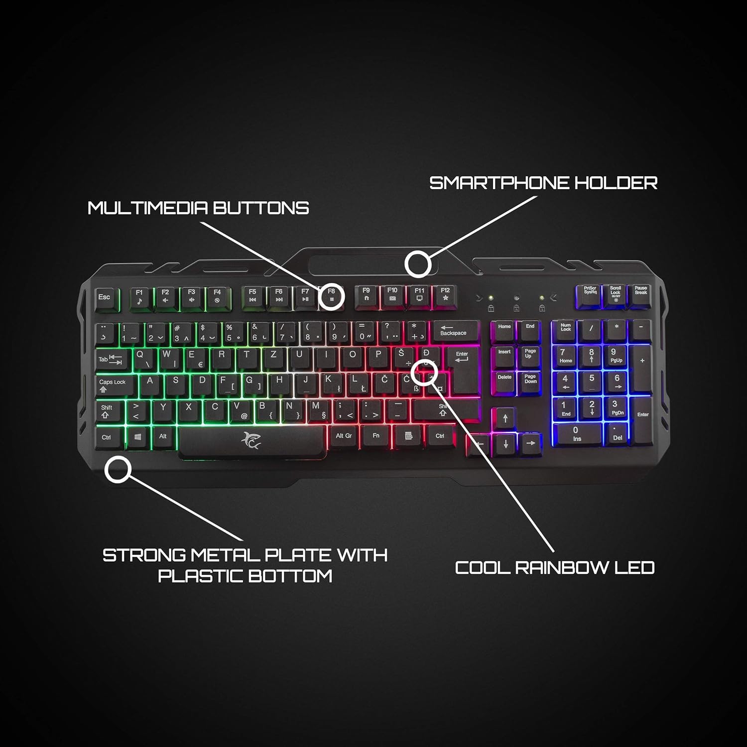 Thumbnail 5 de White Shark GK-1923 Gladiator-2 Gaming Keyboard - UK Layout, LED RGB Backlit, Metal Framed With Phone Holder, Silent Non-Conflict Membrane Keys for PC, PS4, Xbox
White Shark GK-1923 Gladiator-2 Gaming Keyb…