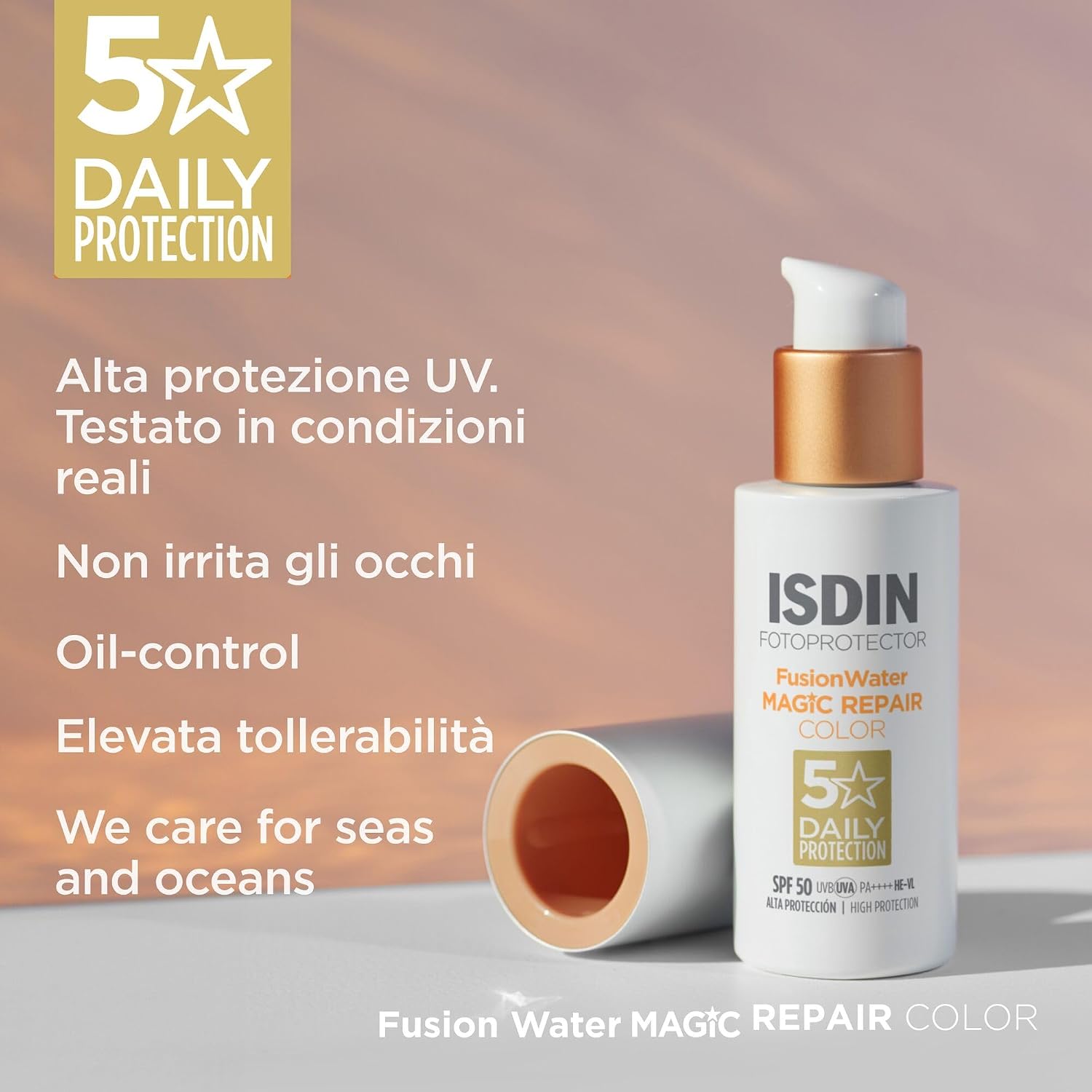 Detalle de ISDIN Fusion Water MAGIC Repair Color SPF 50: crema solare viso colorata, leggera e antietà