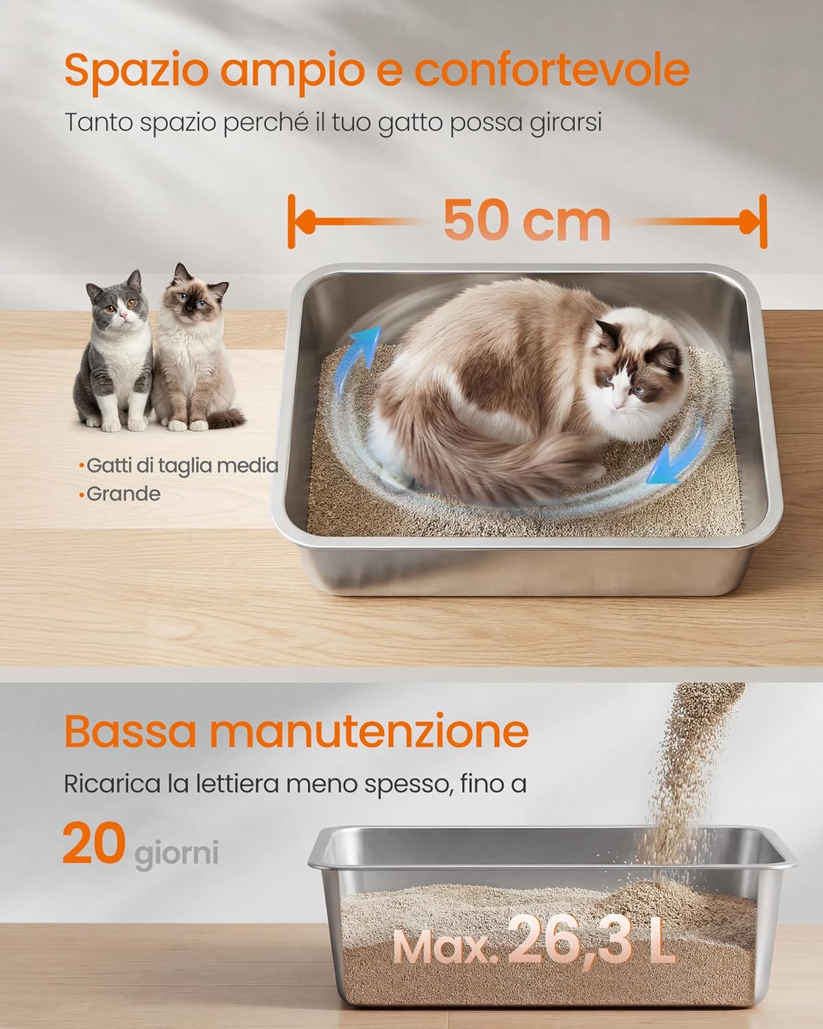 Detalle 2 de Feandrea Lettiera per Gatti in Acciaio Inox, Vaschetta Aperta 50 x 35 x 15 cm – Argento PPT016E101