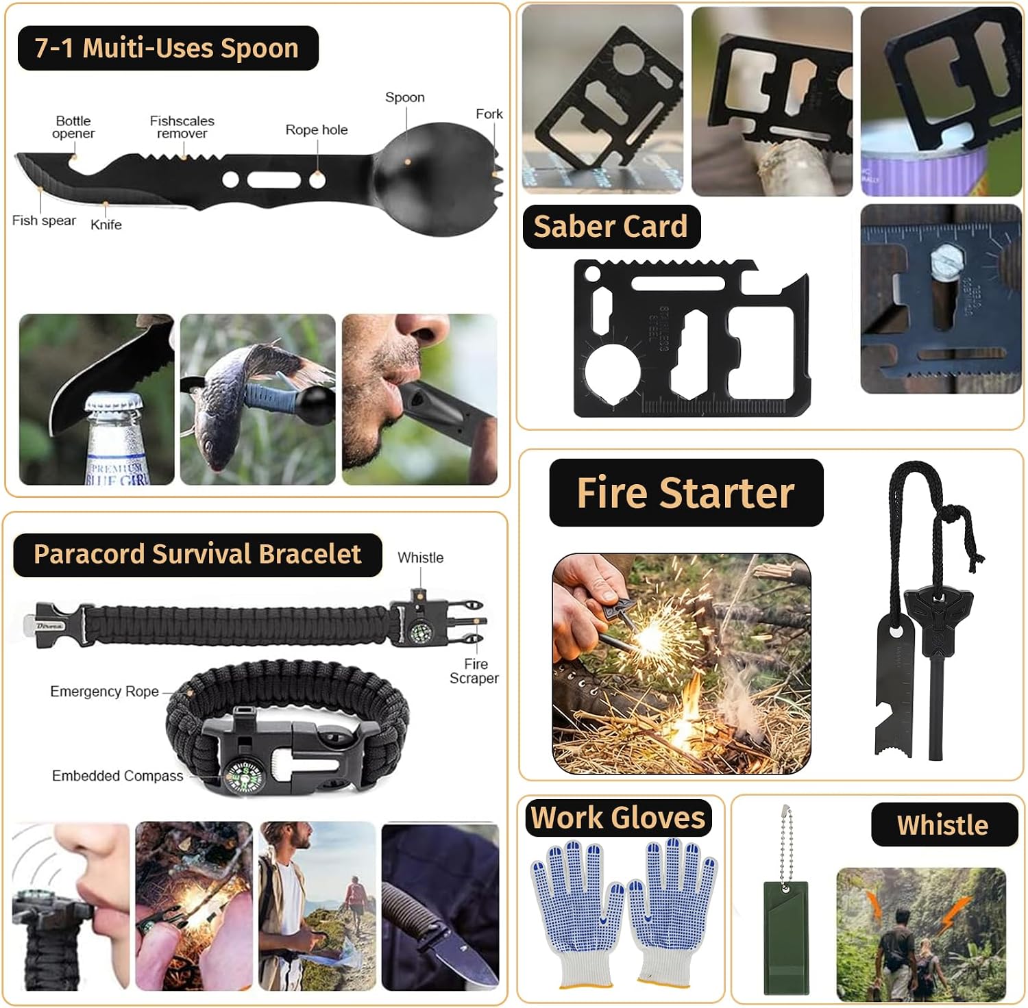 Detalle de ANJiME 294-Piece Survival Kit with First Aid Supplies, MOLLE Bag and Outdoor Tools