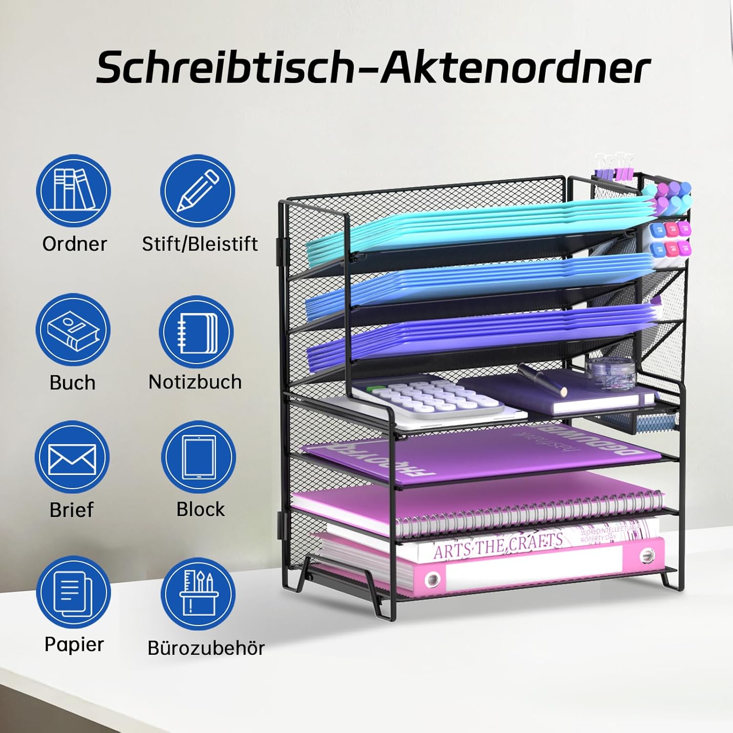 Detalle de ReePlan Schreibtisch Organizer 7 Ebenen – Metallbriefablage mit 4 Flachen & 3 geneigten Ablagen (Stifthalter abnehmbar) – Platzsparender Büroorganizer