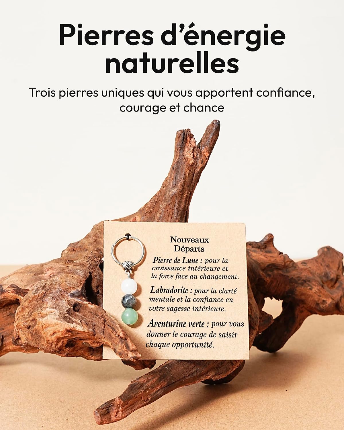 Detalle de Porte-clés en pierres lune, labradorite et aventurine verte – Merclix, cadeau femme original