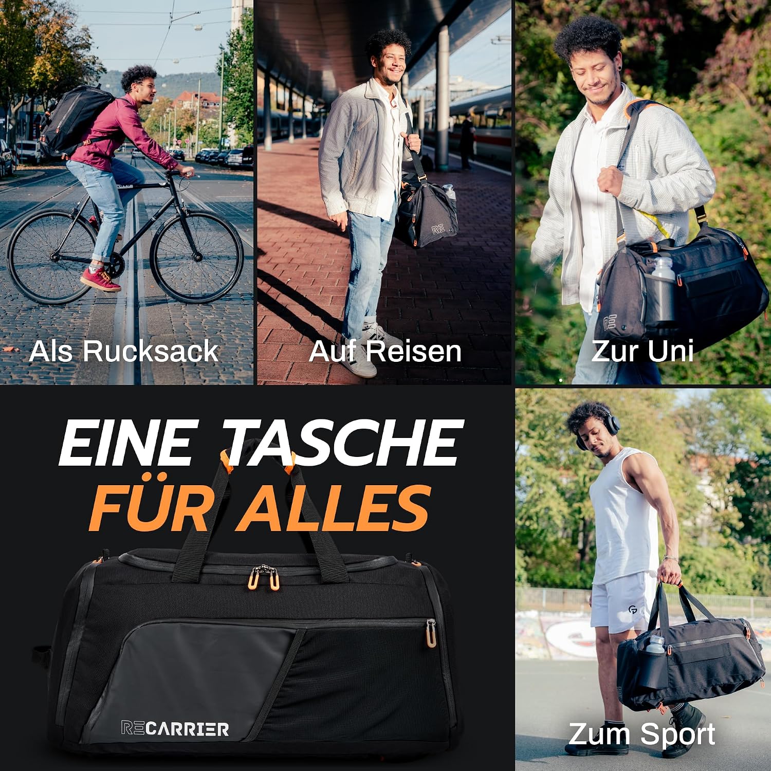 Detalle de RECARRIER Sporttasche 50L – Wasserdichte Gym Bag aus recyceltem PET mit Schuhfach