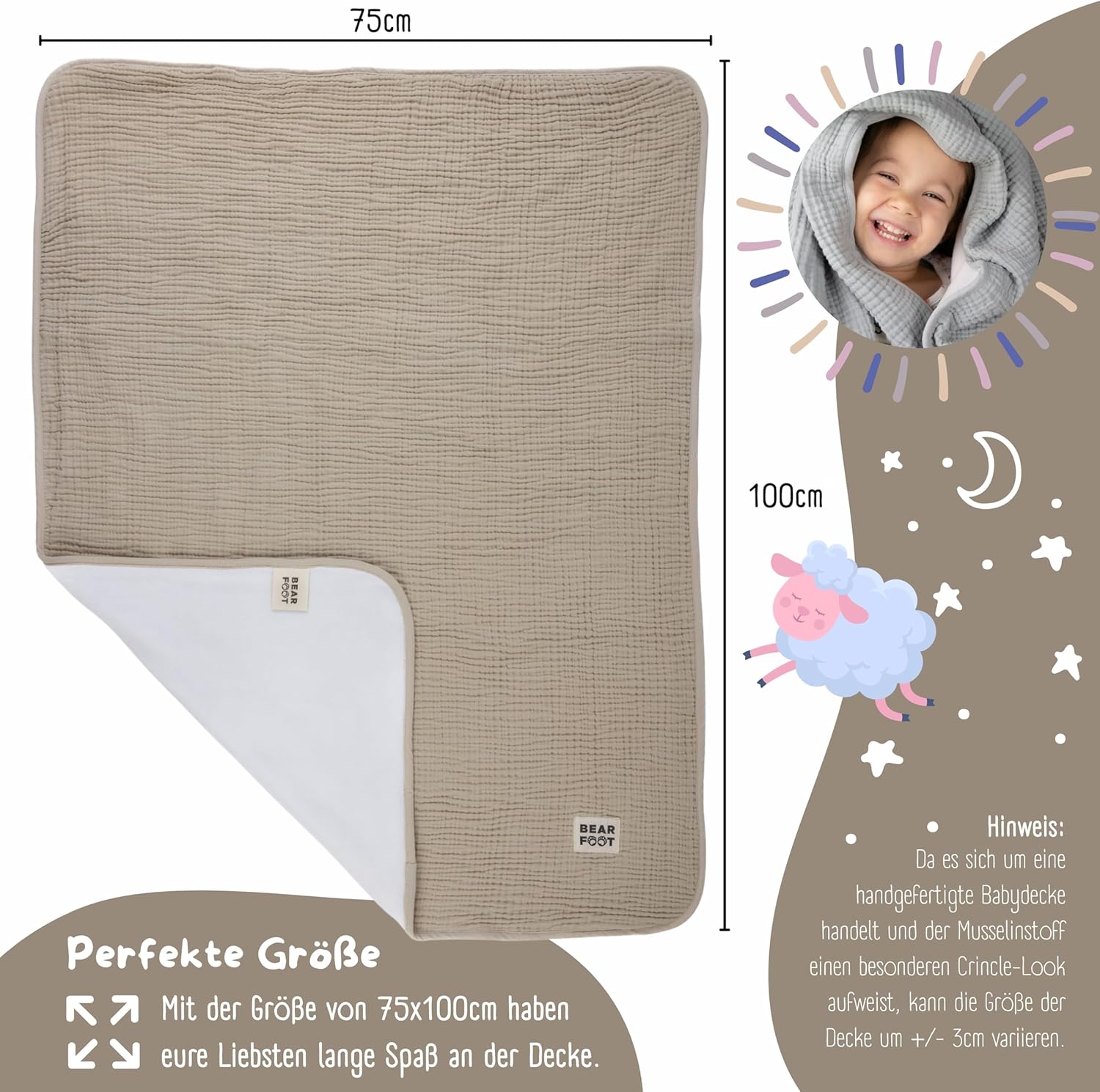 Thumbnail 1 de BEARFOOT Babydecke Musselin Fleecedecke – Flauschige 2‑seitige Decke (Summer Sand)