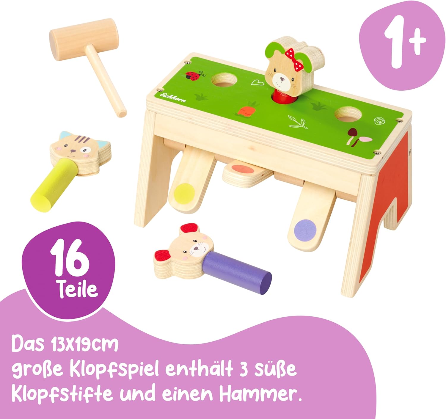 Thumbnail 1 de Eichhorn Pop Up Klopfspiel Friends – 3 bunte Spielflächen, Holzhammer, FSC Birkenholz, ab 1 Jahr, 13×19 cm