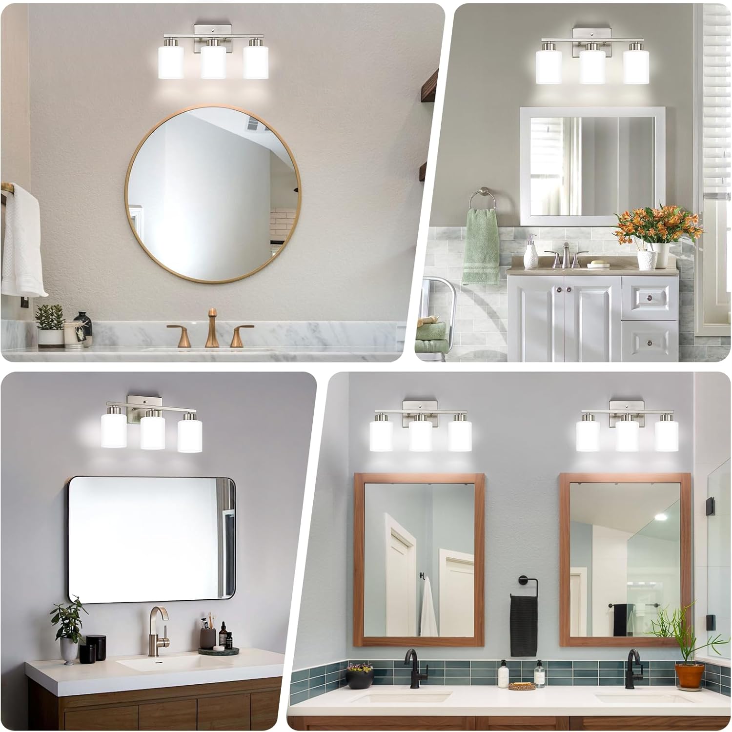 Detalle de FonmYim Brushed Nickel 3-Light Vanity Fixture with Milky Glass Shades