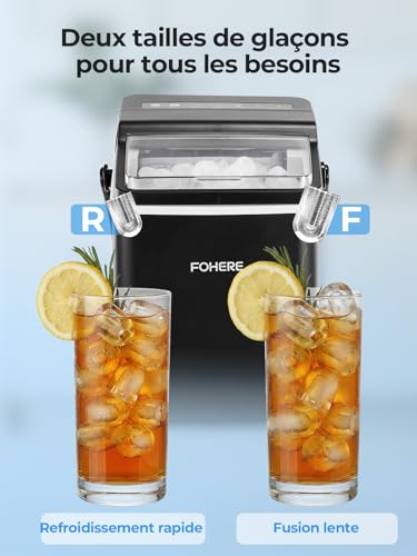 Detalle 2 de FOHERE Machine à Glaçons avec Poignée Portable – 14 kg/jour, 9 glaçons bullet en 5 minutes, auto-nettoyante