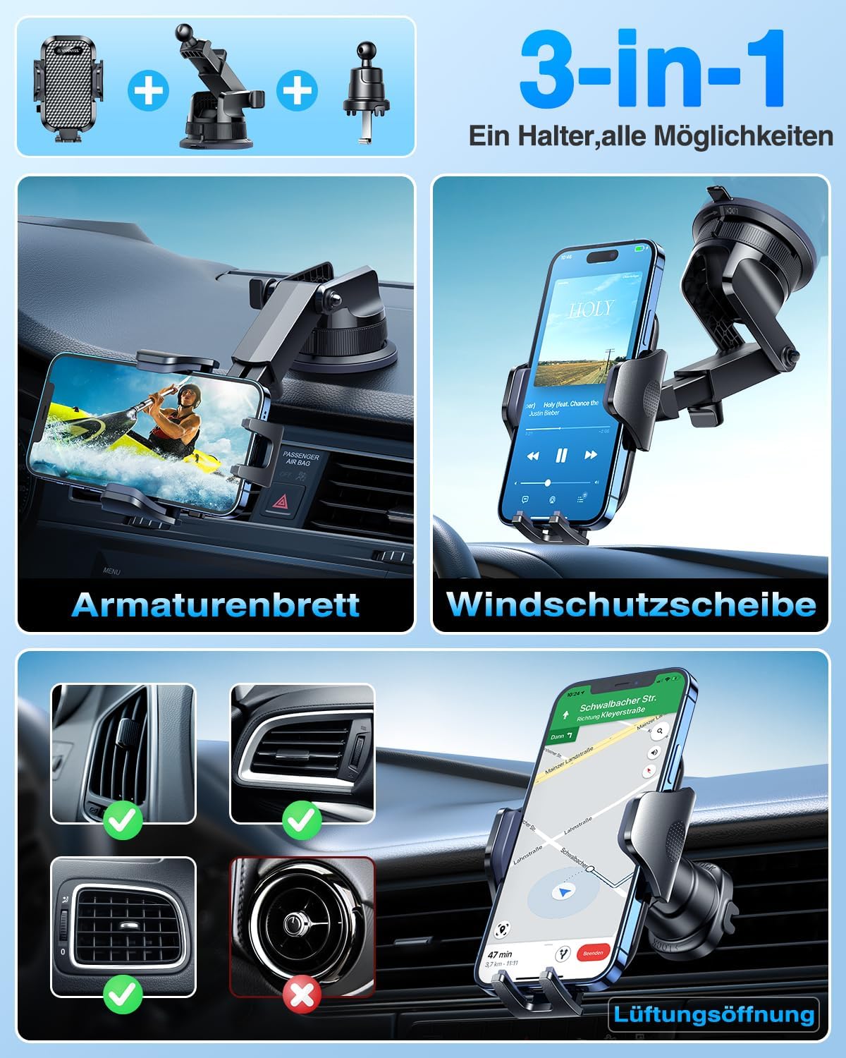Detalle de VANMASS 2026 Militärische Handyhalterung Auto Upgradе – Stärkster Saugnapf, Lüftungshaken, 360° Drehung