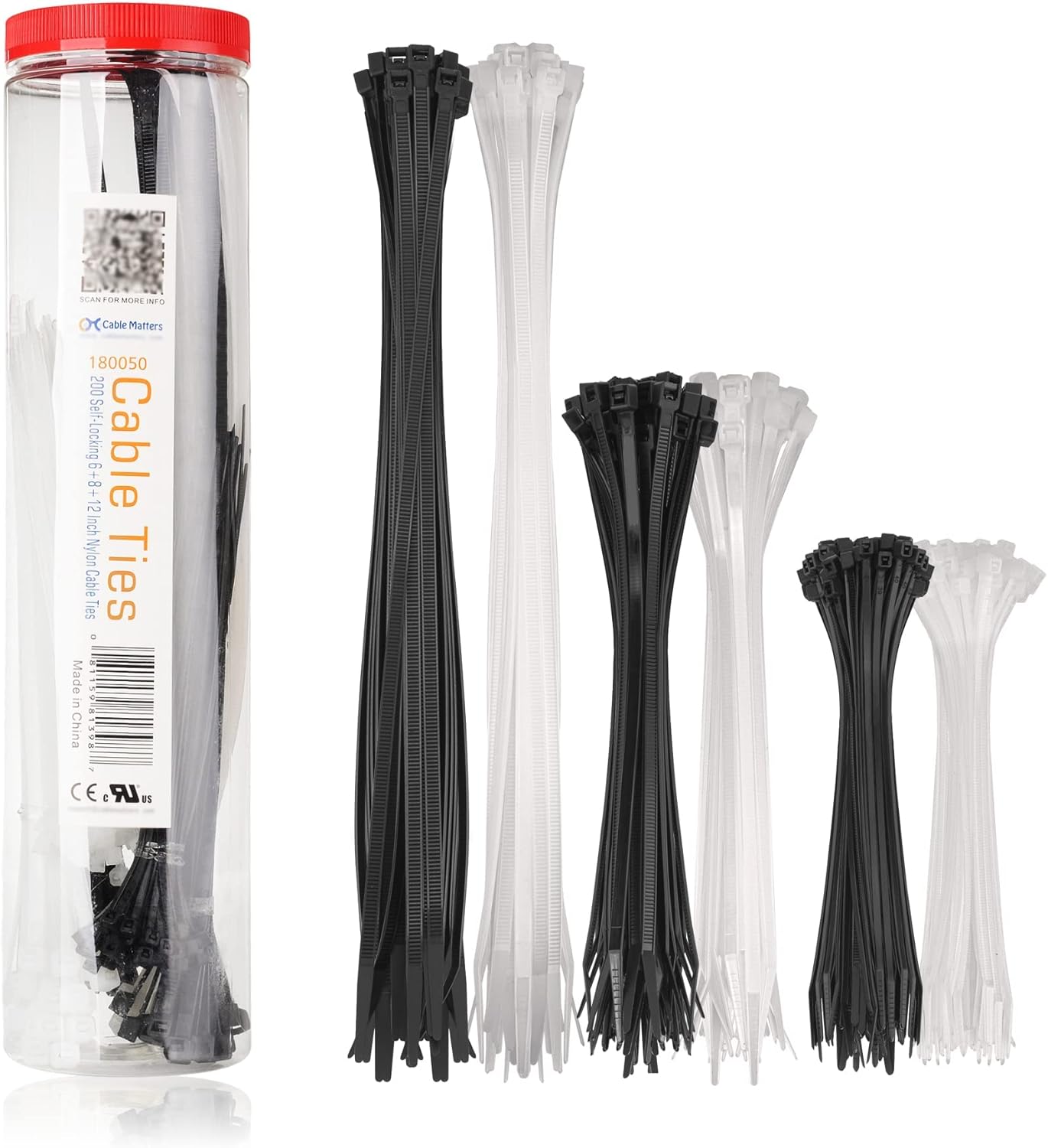 Cable Matters Combo Pack Assorted Self-Locking Nylon Cable Ties (200) – 15/20/30cm in Black & White