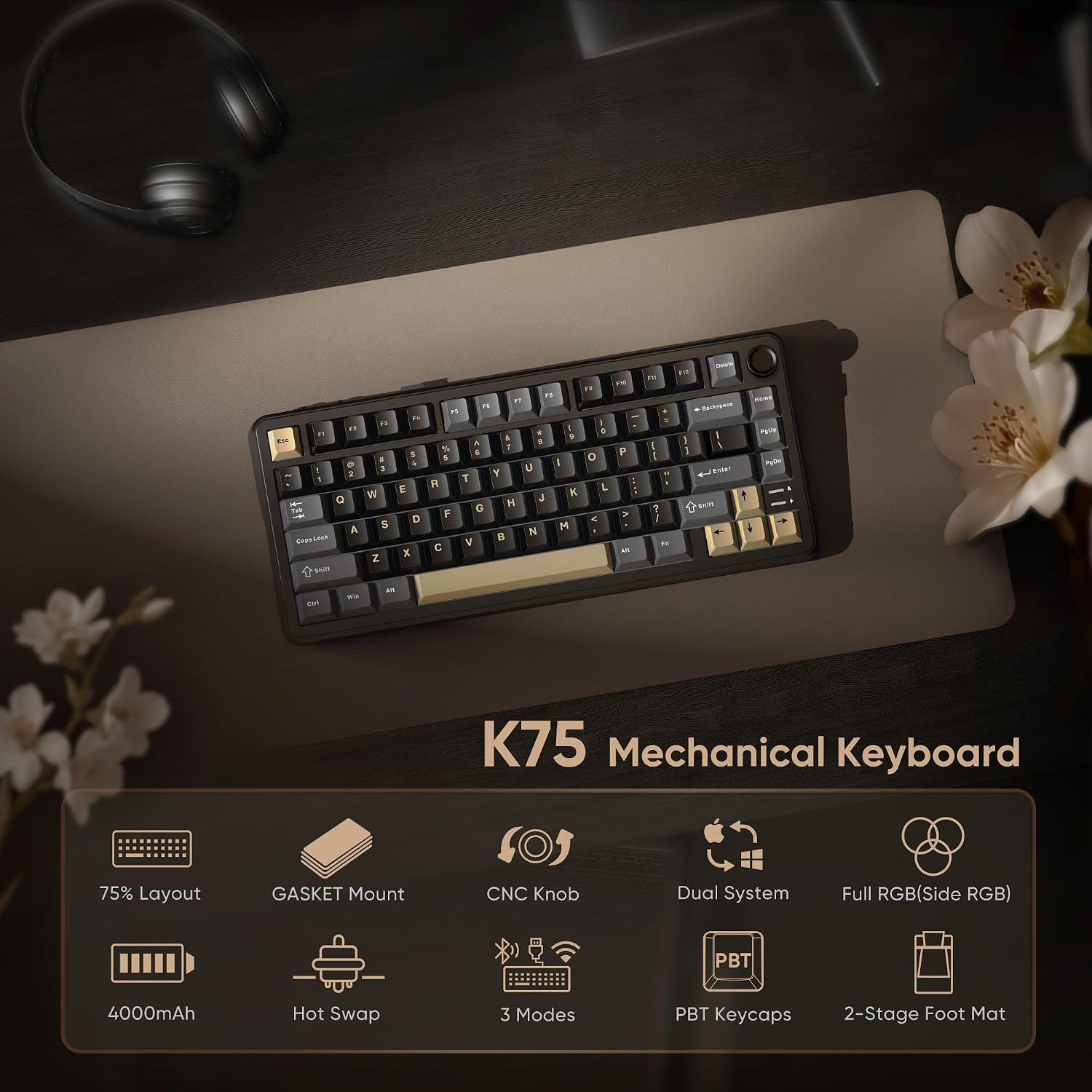 Thumbnail 1 de RedThunder K75 Wireless Mechanical Keyboard with CNC Knob and Gasket Structure