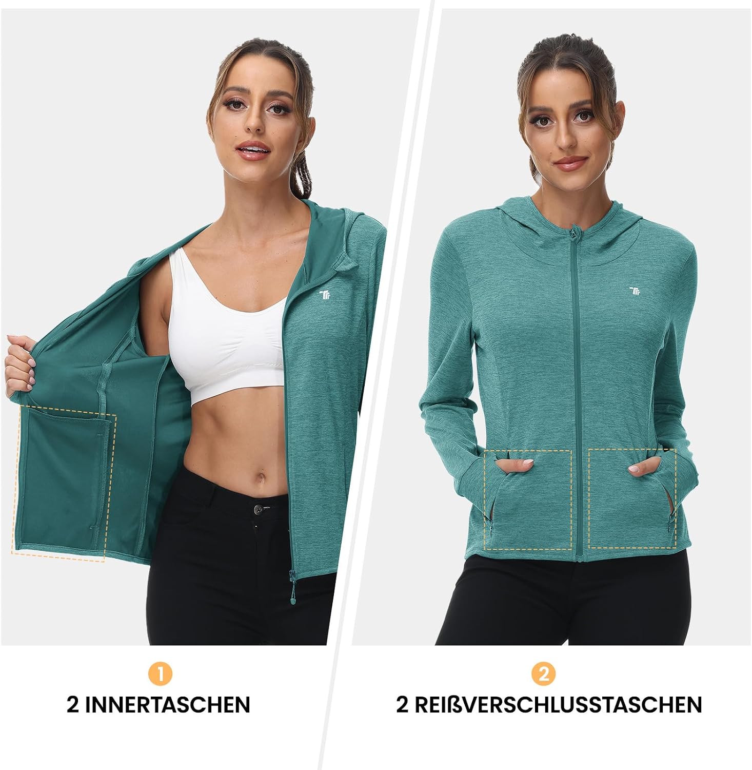 Detalle de Rdruko Damen-Laufjacke mit Kapuze UPF50+ – Vollreißverschluss, 4 Taschen, leicht & atmungsaktiv