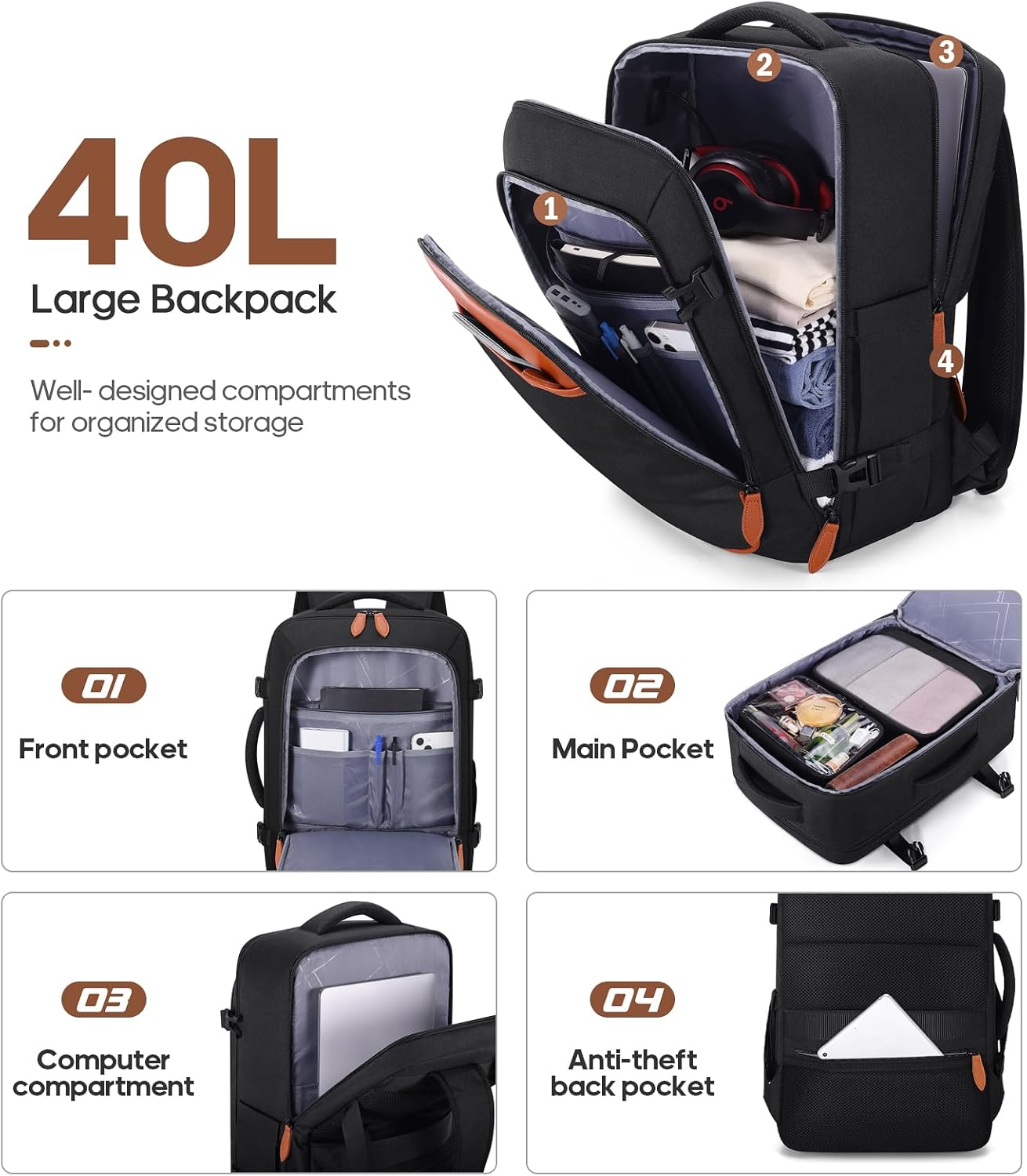 Thumbnail 4 de UKEIN Luggage Sets 3-Piece Carry-On Set (20-In Spinner Hardshell + Travel Backpack + Toiletry Bag) with TSA Lock