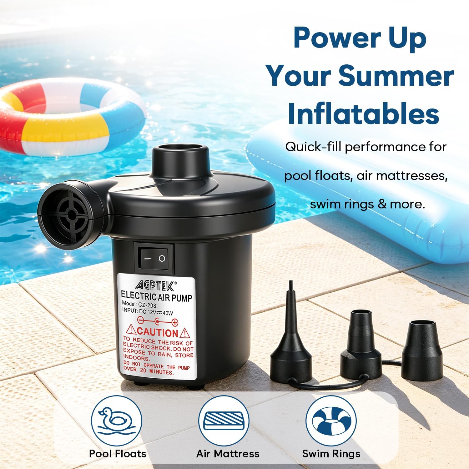 Detalle de AGPTEK Electric Air Pump: Portable 3-Nozzle Inflator/Deflator for Indoor & Outdoor Use