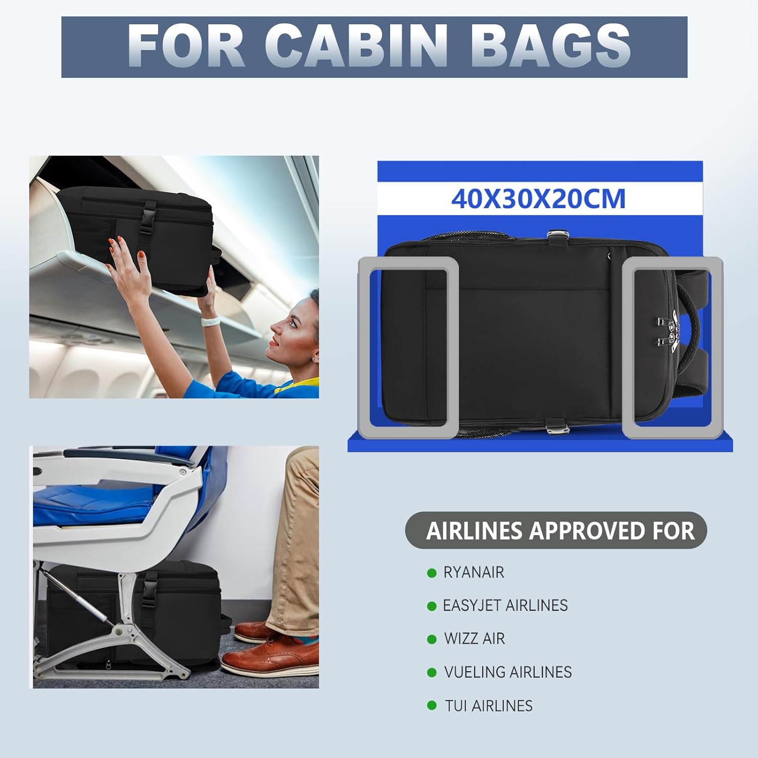 Detalle 2 de Lossga Sac à Dos Cabine 40x30x20 cm – Bagage à main 24L pour Ryanair, compartiments astucieux et antivol