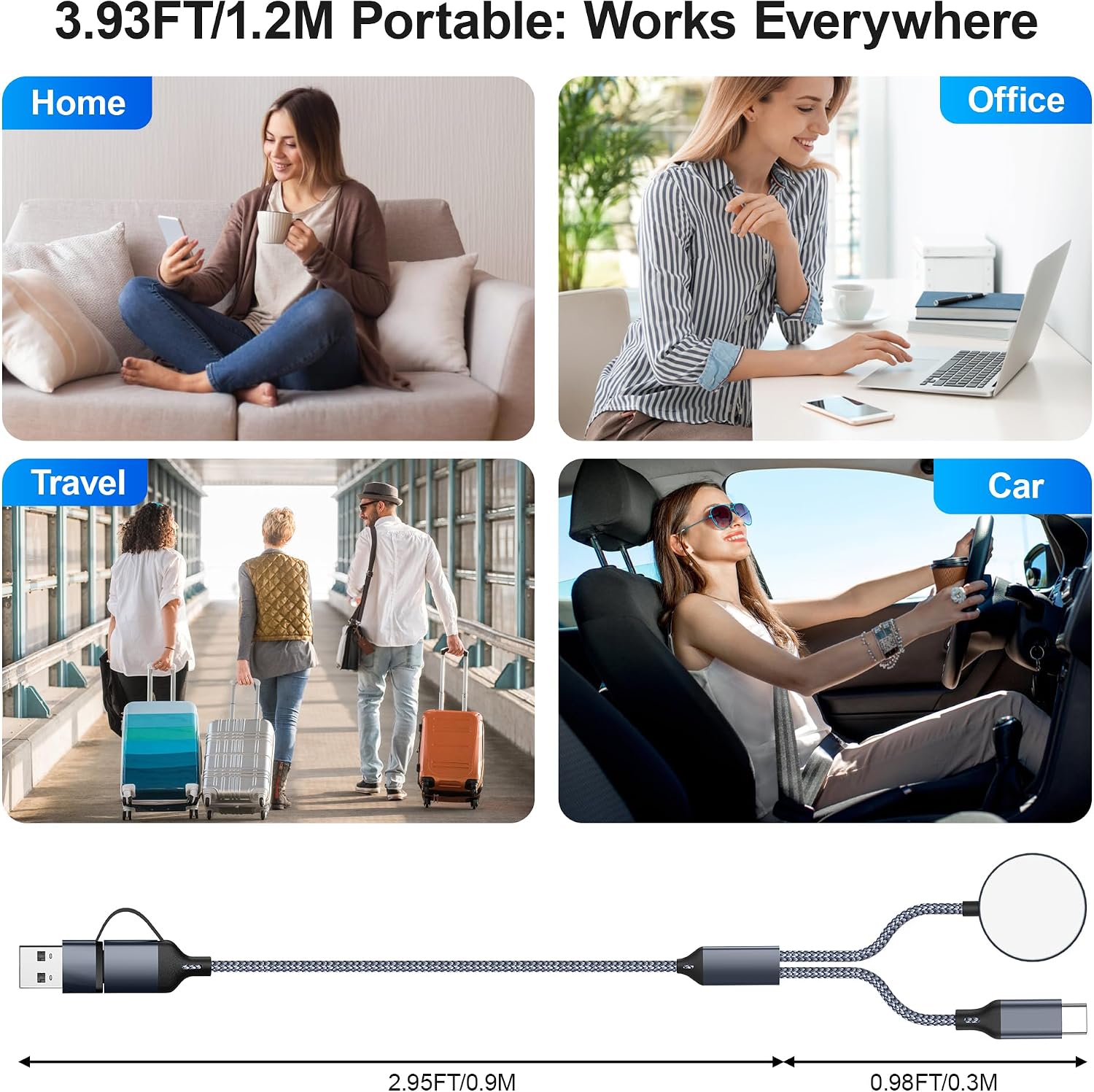 Thumbnail 6 de 1.2M USB-C iPhone & Watch Charger Cable (Grey) – Dual USB-A & USB-C Input, Nylon Braided, Safe Charging Protection