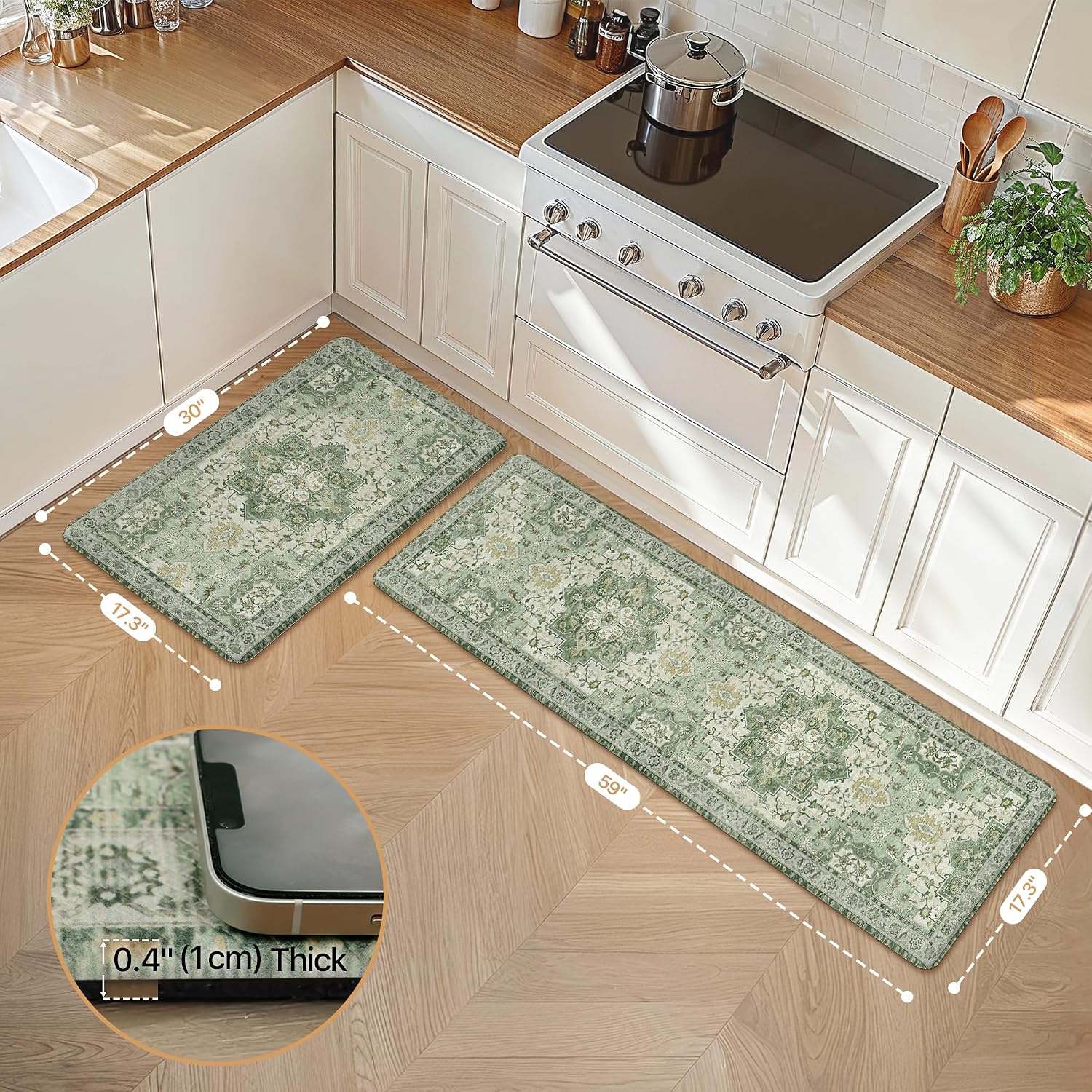 Detalle de GENIMO Anti Fatigue Kitchen Mats for Floor 2PCS — Cushioned 17.3" x 59" & 17.3" x 30", Light Green Vintage Boho Set